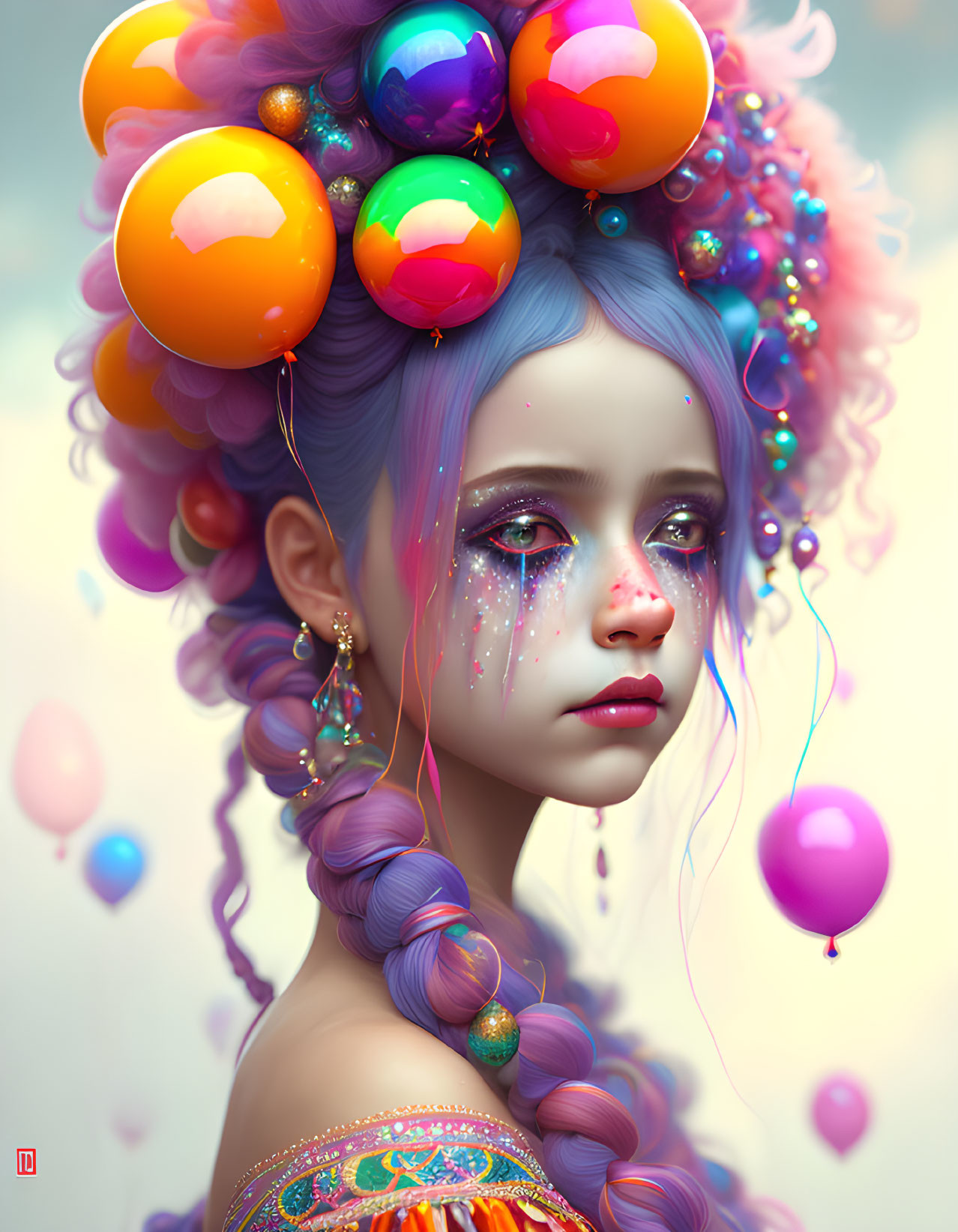 Colorful digital artwork: girl with multicolored hair and balloons