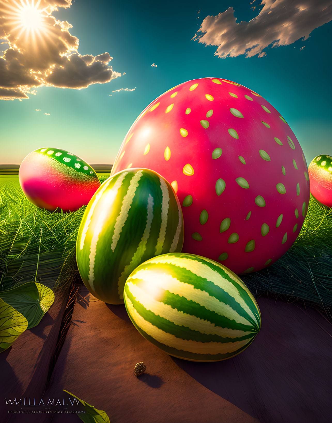 Vibrant oversized Easter eggs shaped like fruits on wooden planks under a colorful sky