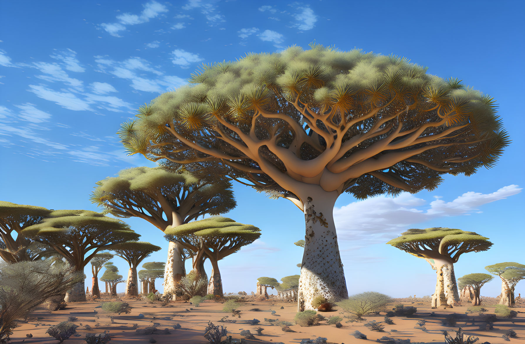 Unusual Broad-Topped Trees in Serene Desert Landscape