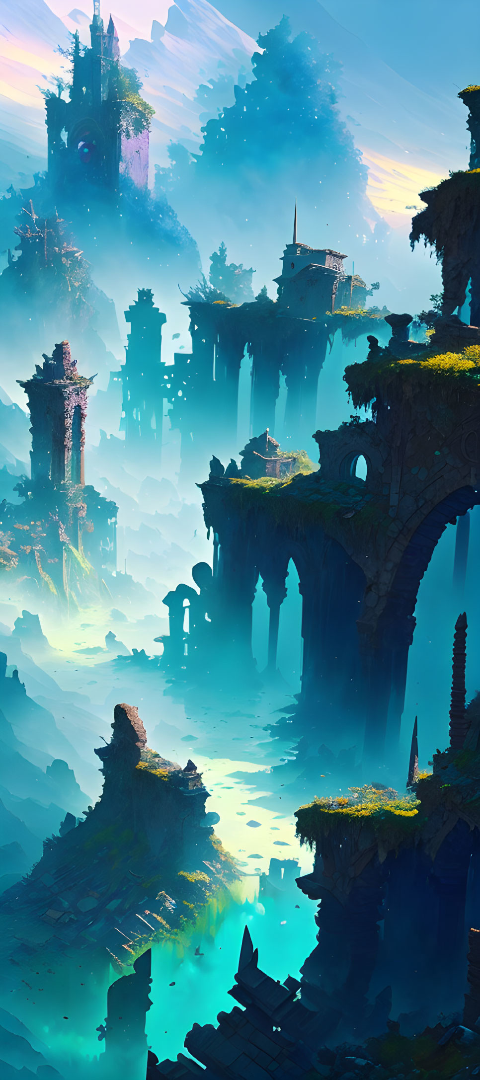 Mystical floating islands with ancient ruins and arching bridges at twilight