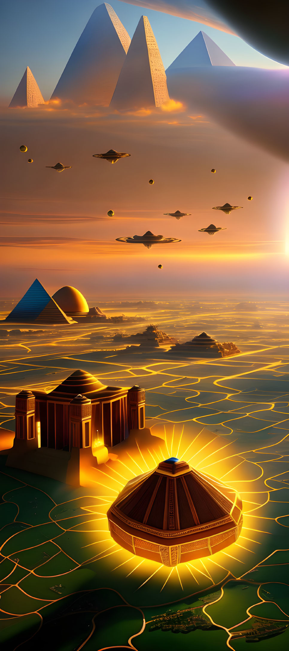 Futuristic Egyptian landscape with pyramids, temple, neon grid, UFOs, and dusk sky