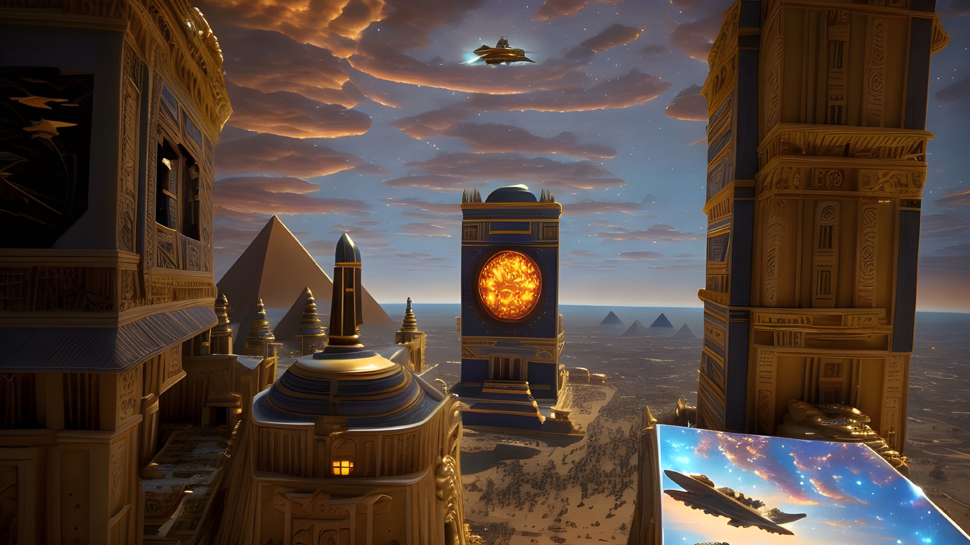 Golden cityscape at sunset with pyramids, glowing orb, and futuristic ships.