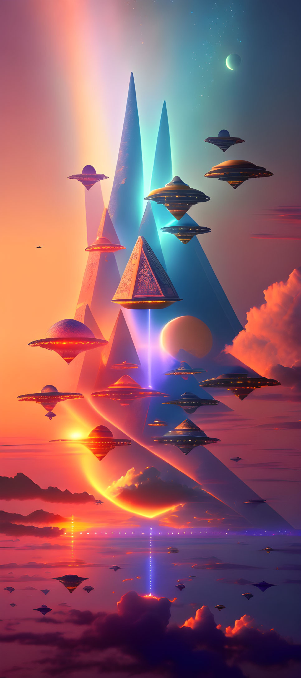 Fantastical pyramidal structures and UFOs under surreal sky with crescent moon and birds reflected