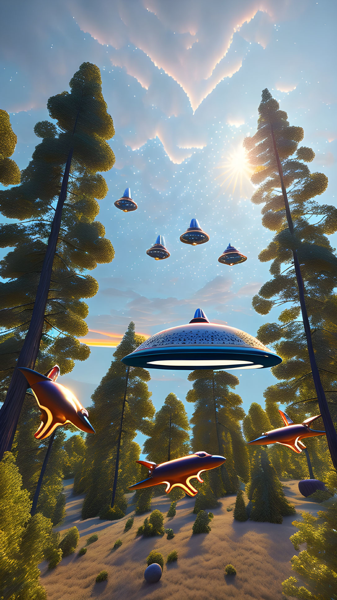 Forest landscape with tall trees and UFO fleet under blue sky