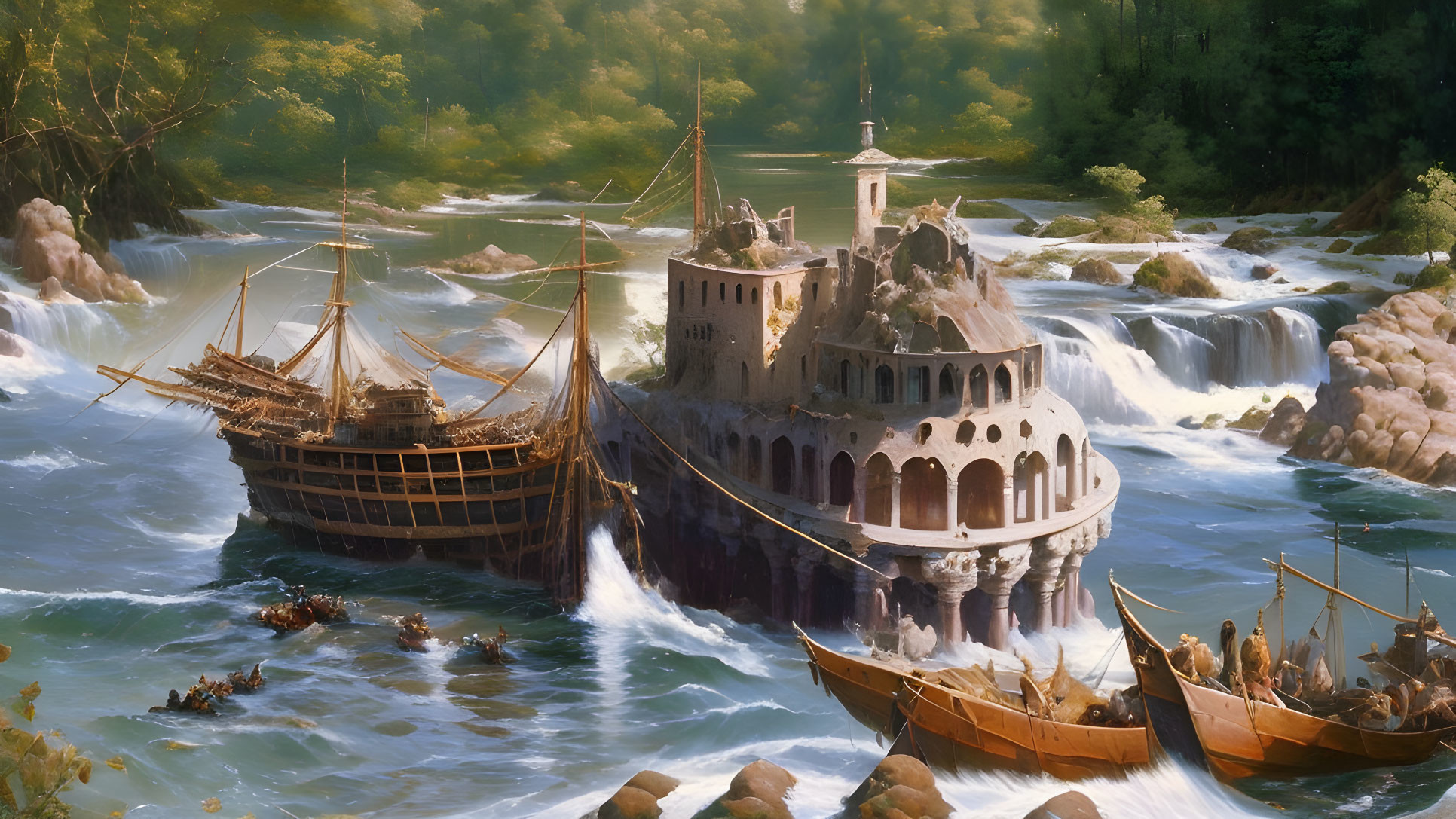 Castle integrated into waterfall with sailing ships and boats in turbulent waters