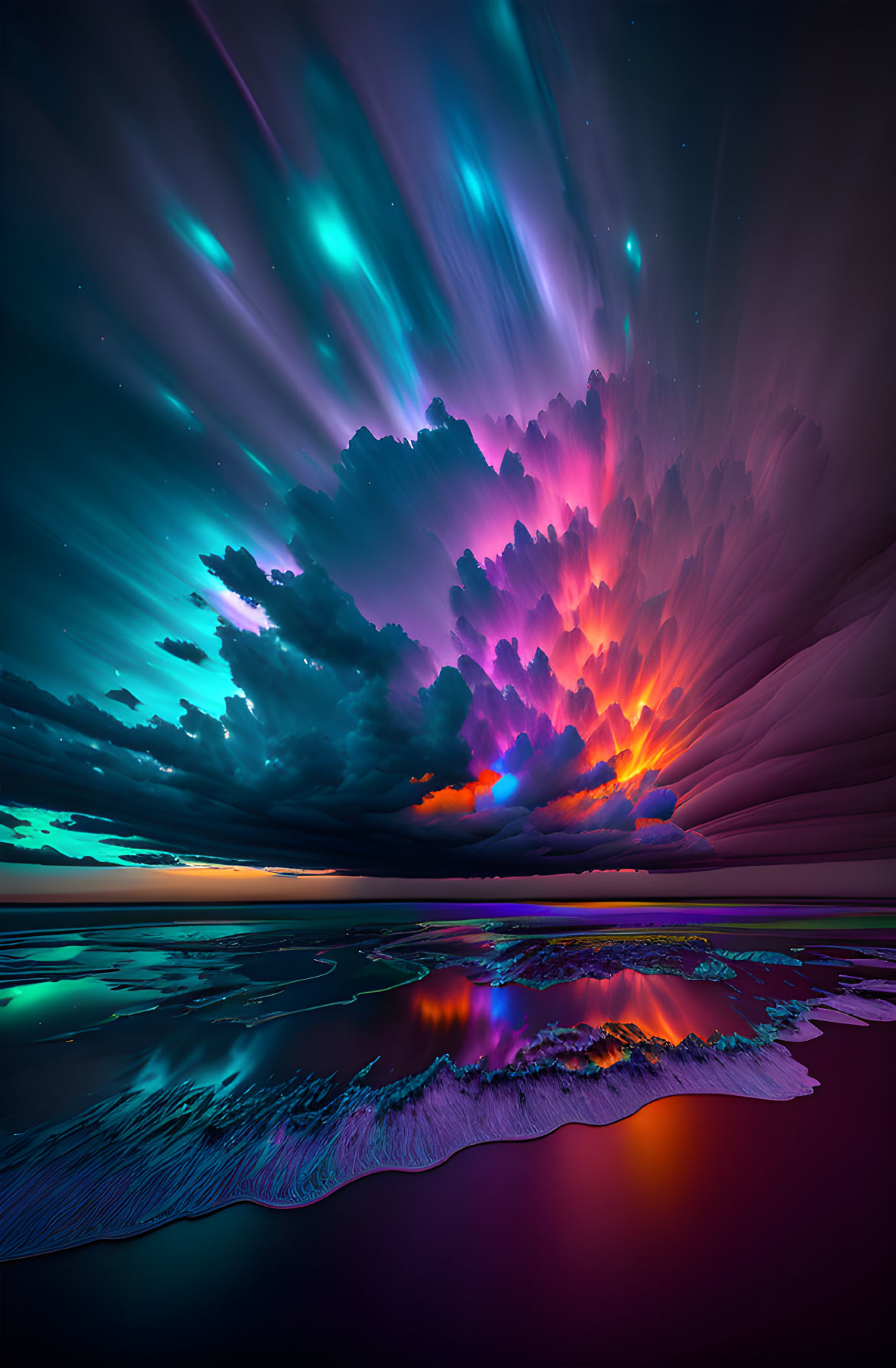 Colorful Aurora Borealis Over Reflective Landscape