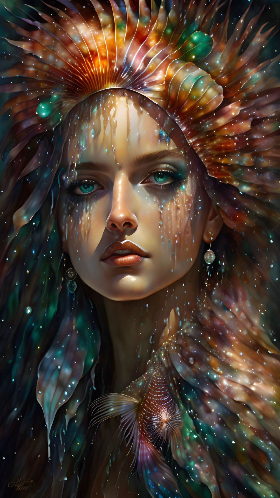 Female portrait with cosmic headdress, iridescent skin, and sea-themed jewelry.