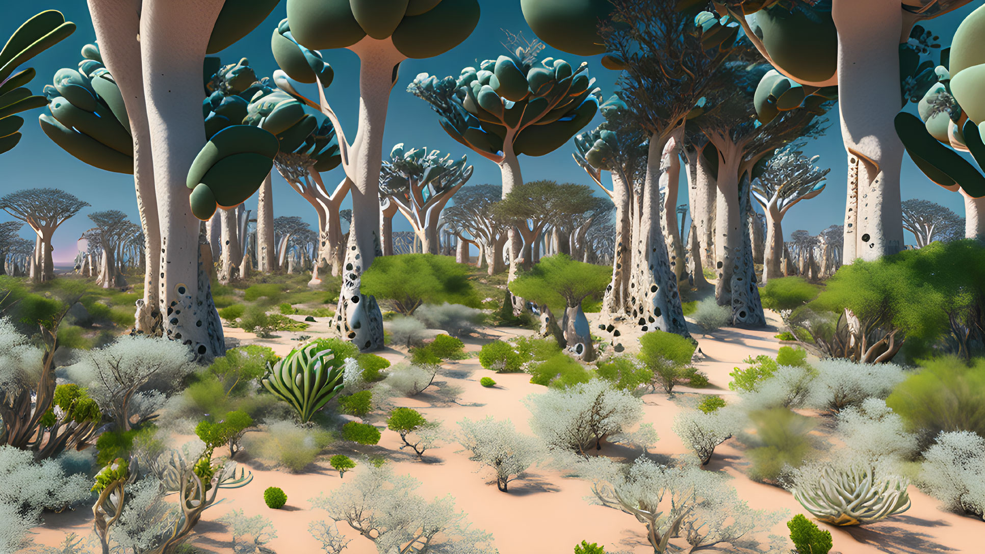 Surreal desert landscape with unique tree-like structures and shrubs