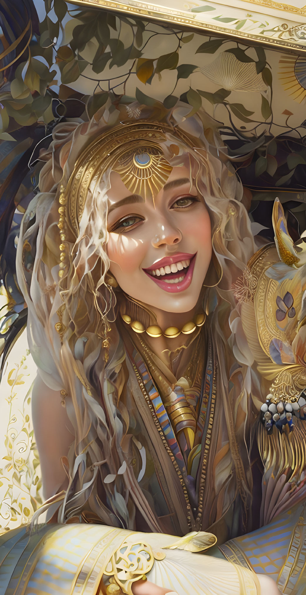 Smiling woman in decorative head jewelry and luxurious attire surrounded by ornate patterns