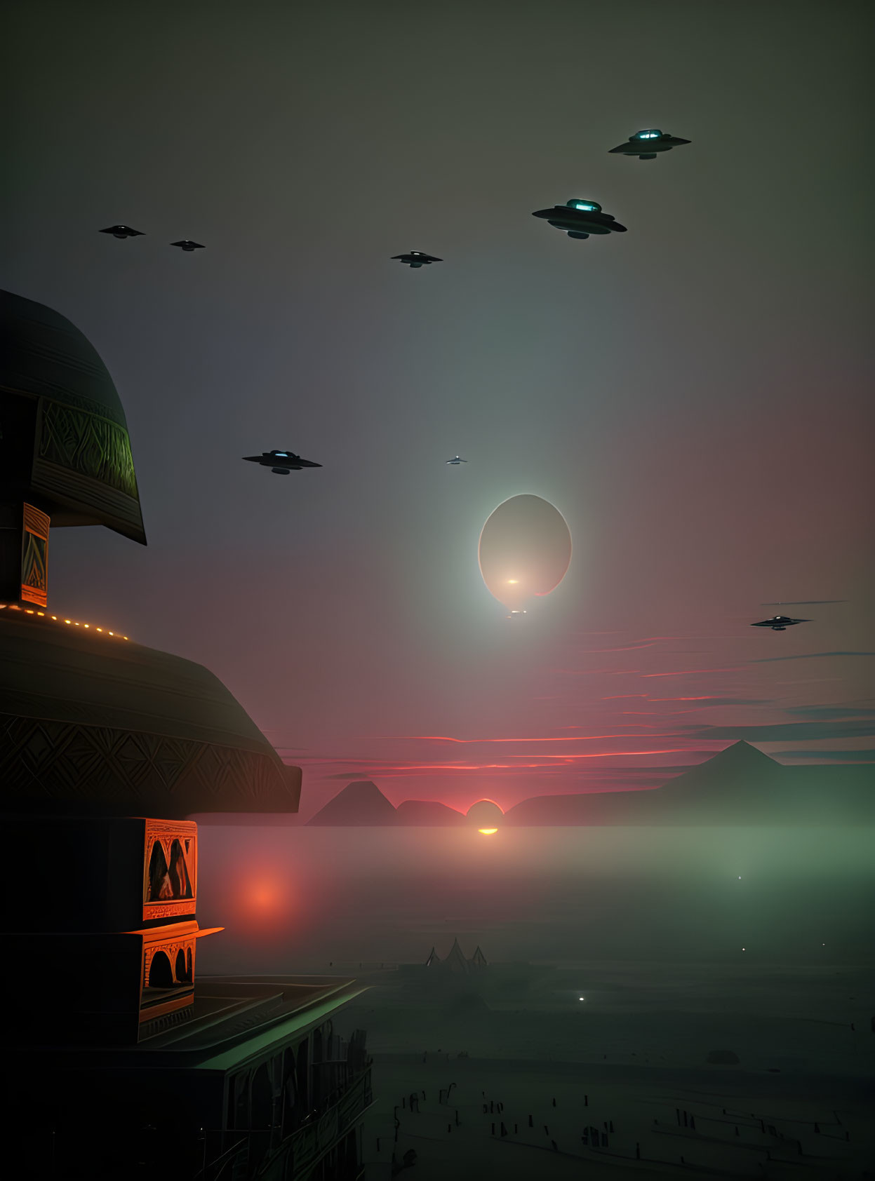 Futuristic dusk landscape with dome, saucers, pyramids, planet, and sun.