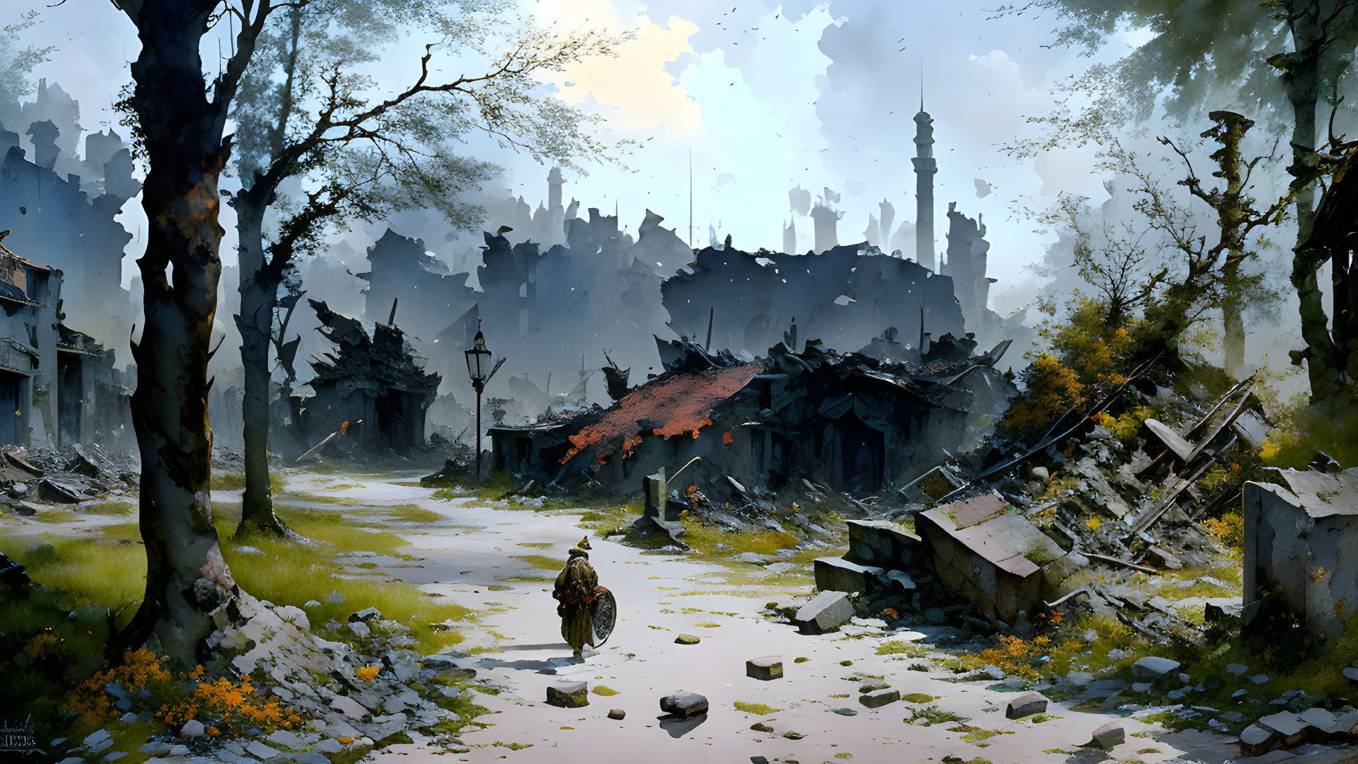 Desolate war-torn city scene with lone figure among ruins