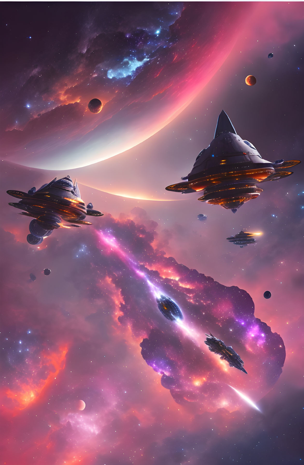 Colorful Spaceships Flying Among Planets and Nebulae