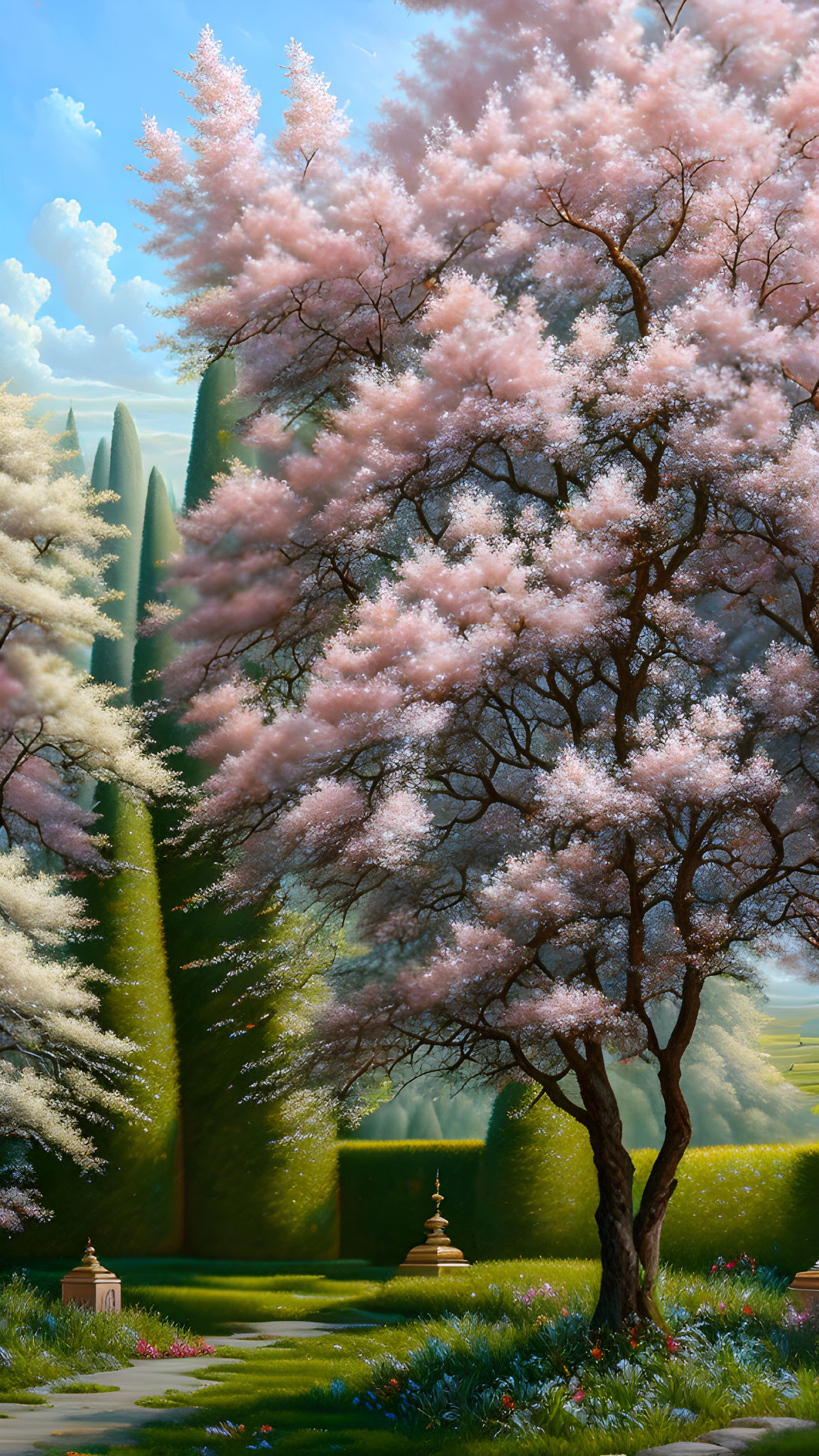 Tranquil garden path with cherry tree and vibrant flowers