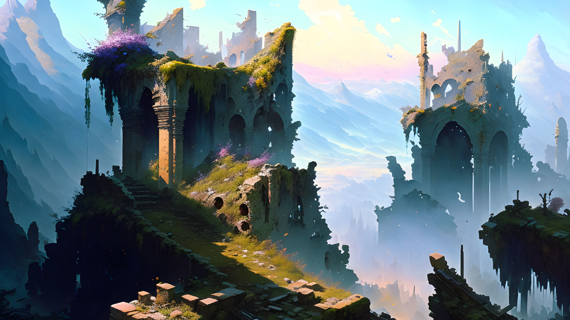 Fantasy landscape with ancient ruins and mountains in pastel sunrise.