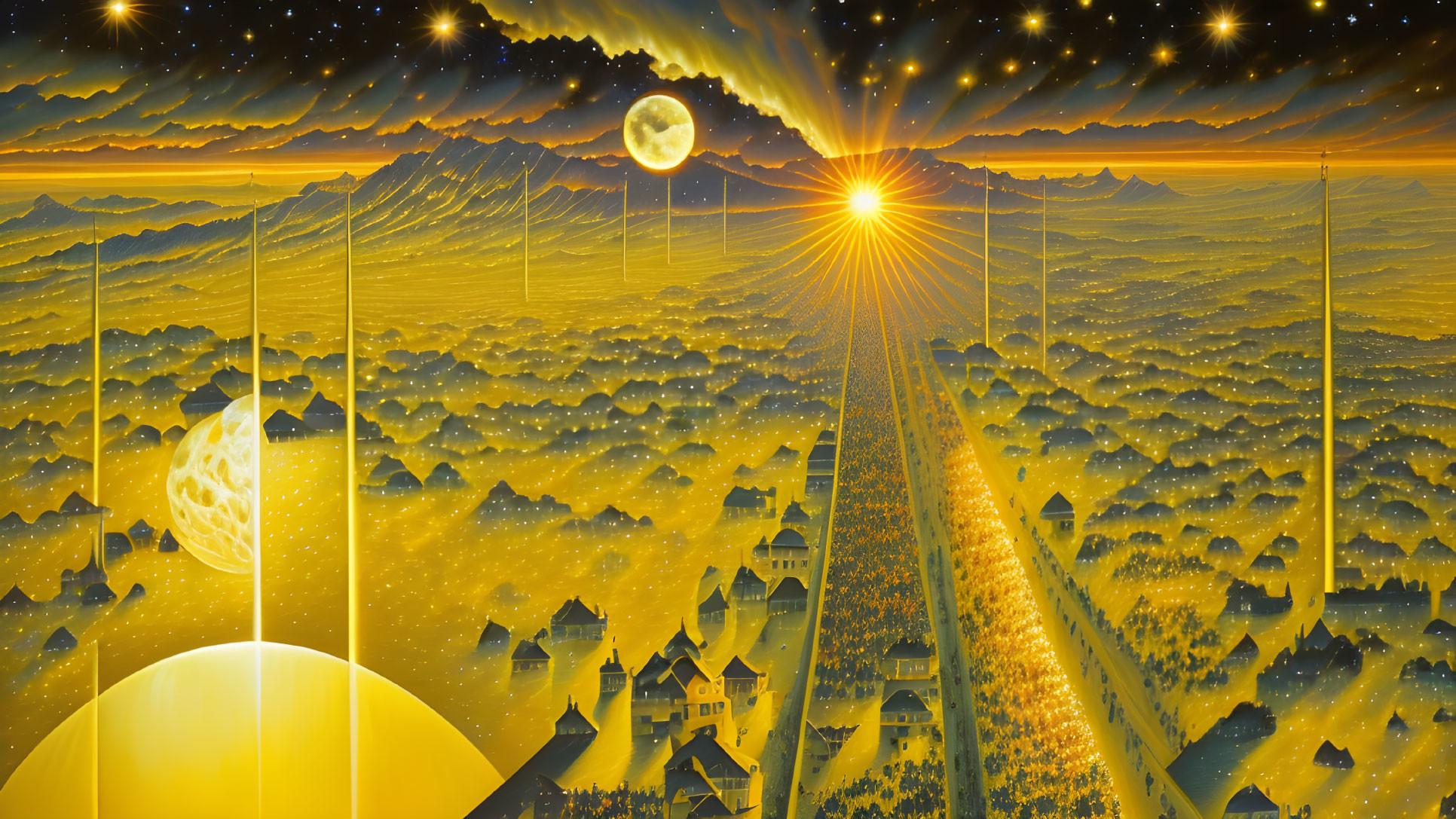 Fantastical landscape with multiple suns, moons, and golden cities