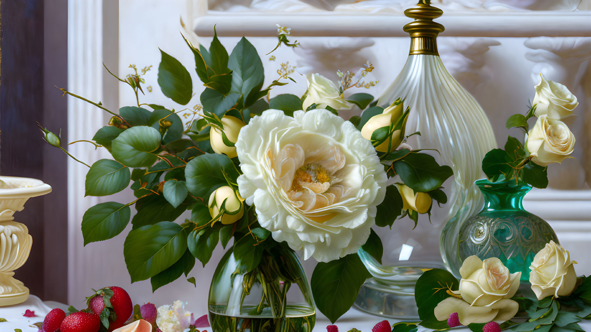 White roses and green foliage in a glass vase with strawberries and ornaments on table