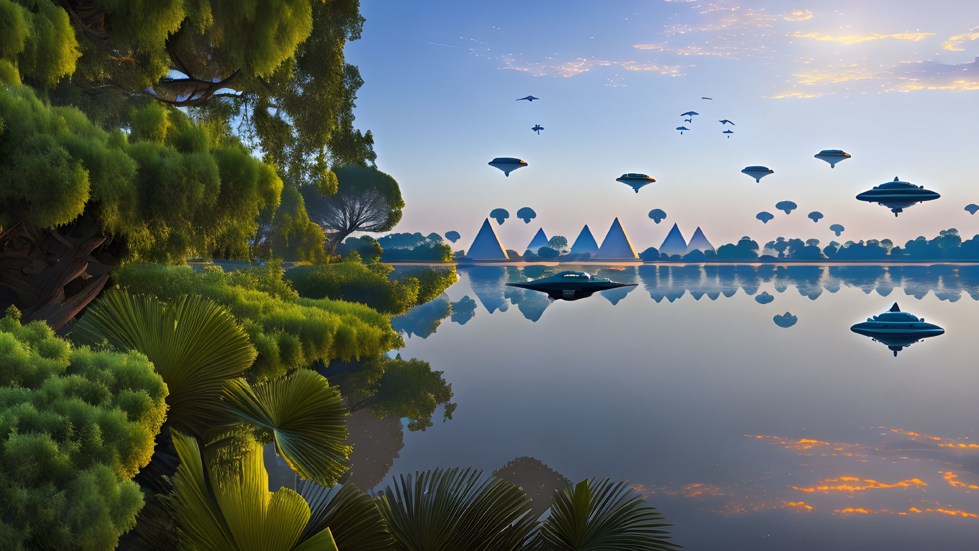 Tranquil lakeside dawn with greenery, boat, reflections, and futuristic flying vehicles