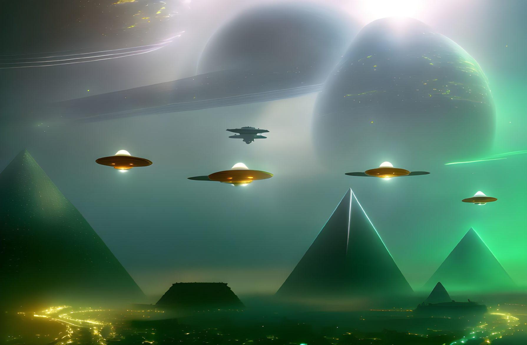 Sci-fi scene: Flying saucers, pyramids, green sky, planets, cosmic backdrop