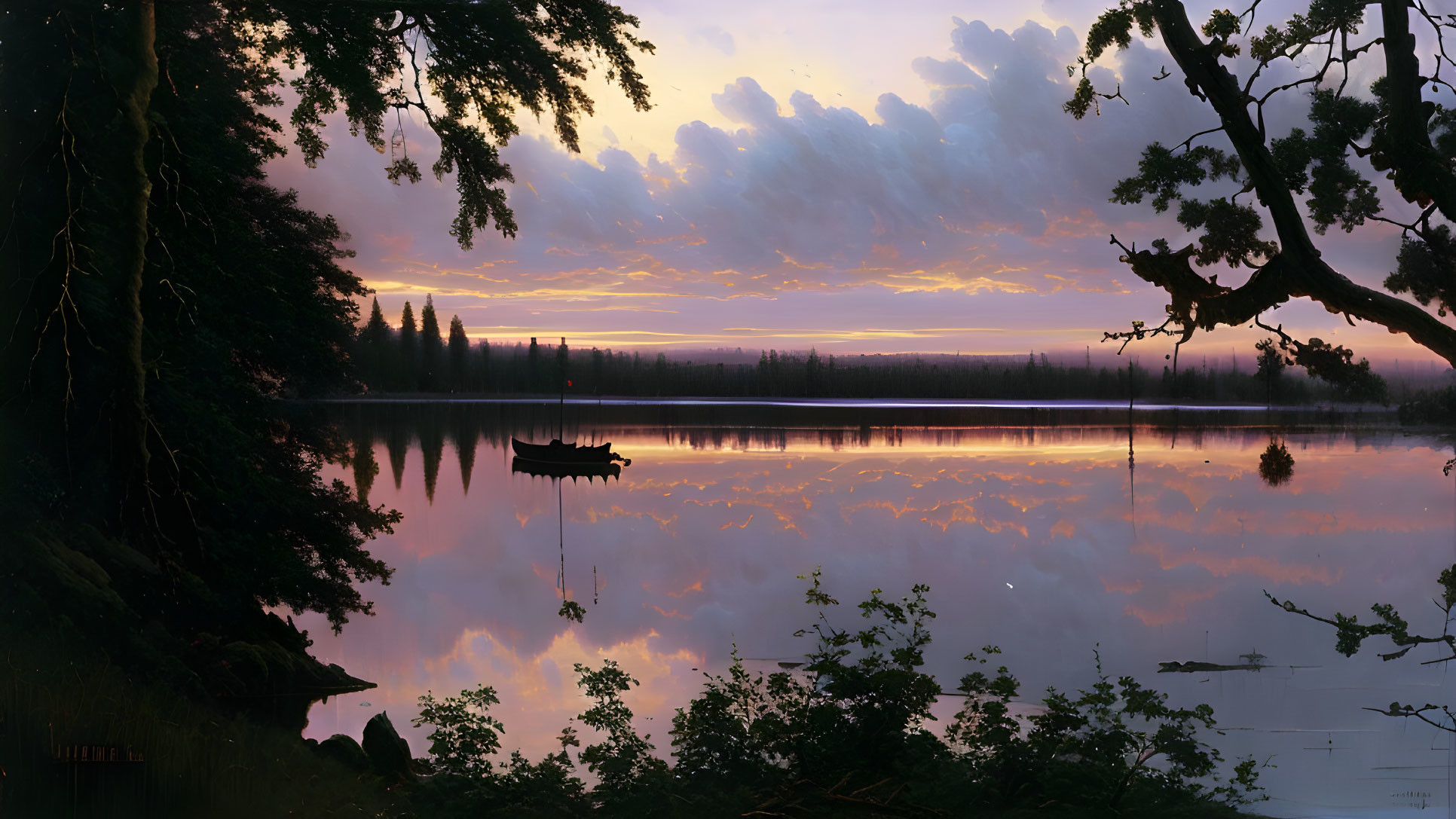 Tranquil lake scene: purple and orange sunset, tree silhouettes, small boat with two