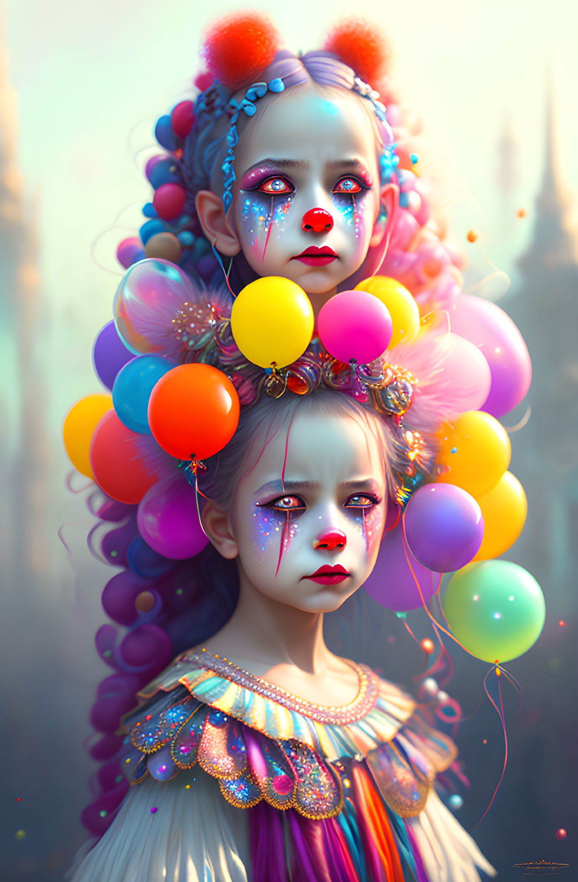 Digital portrait: Two girls with teary clown makeup and colorful balloon headdresses