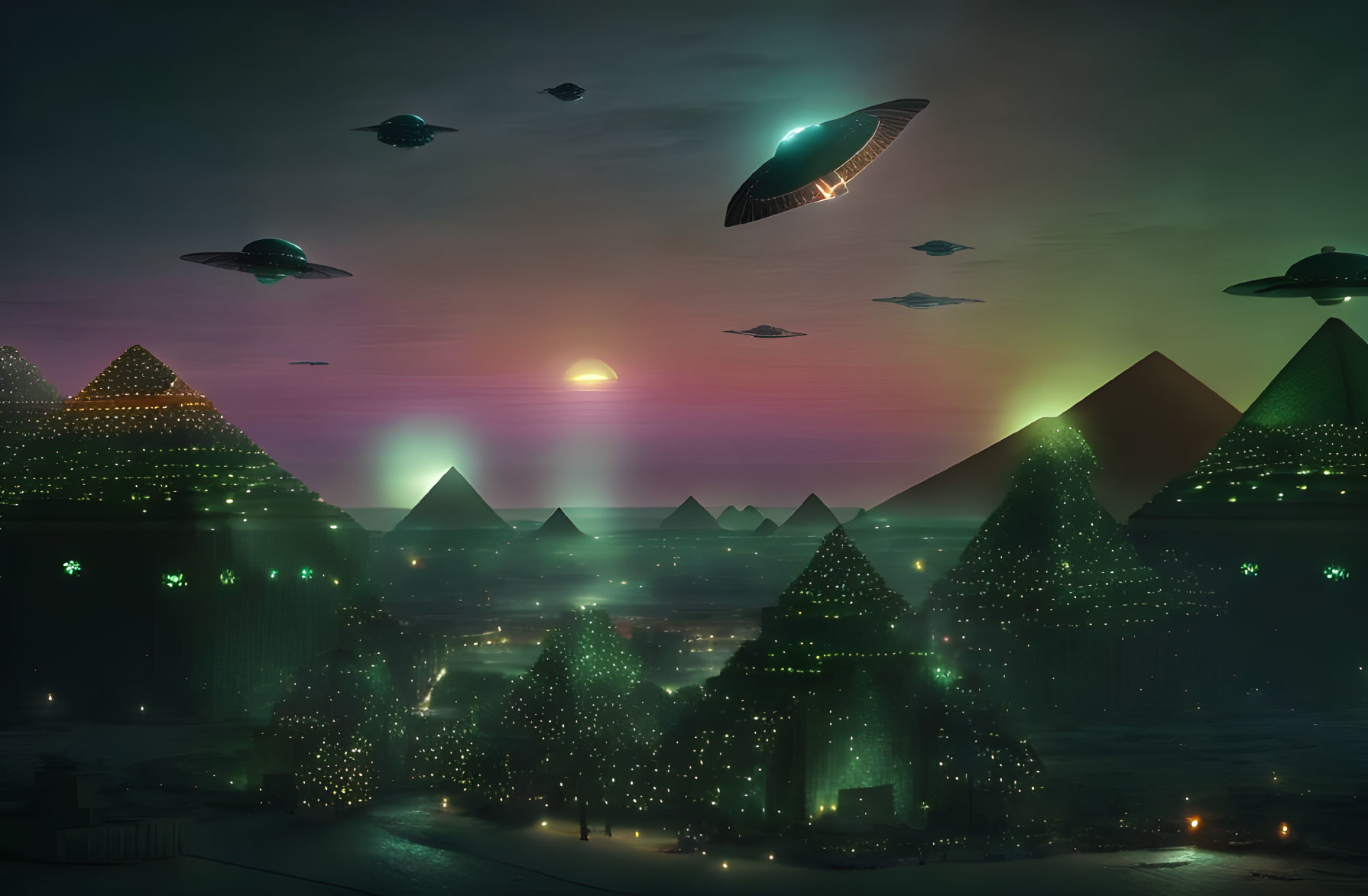 Futuristic city with illuminated pyramids and flying saucers at twilight