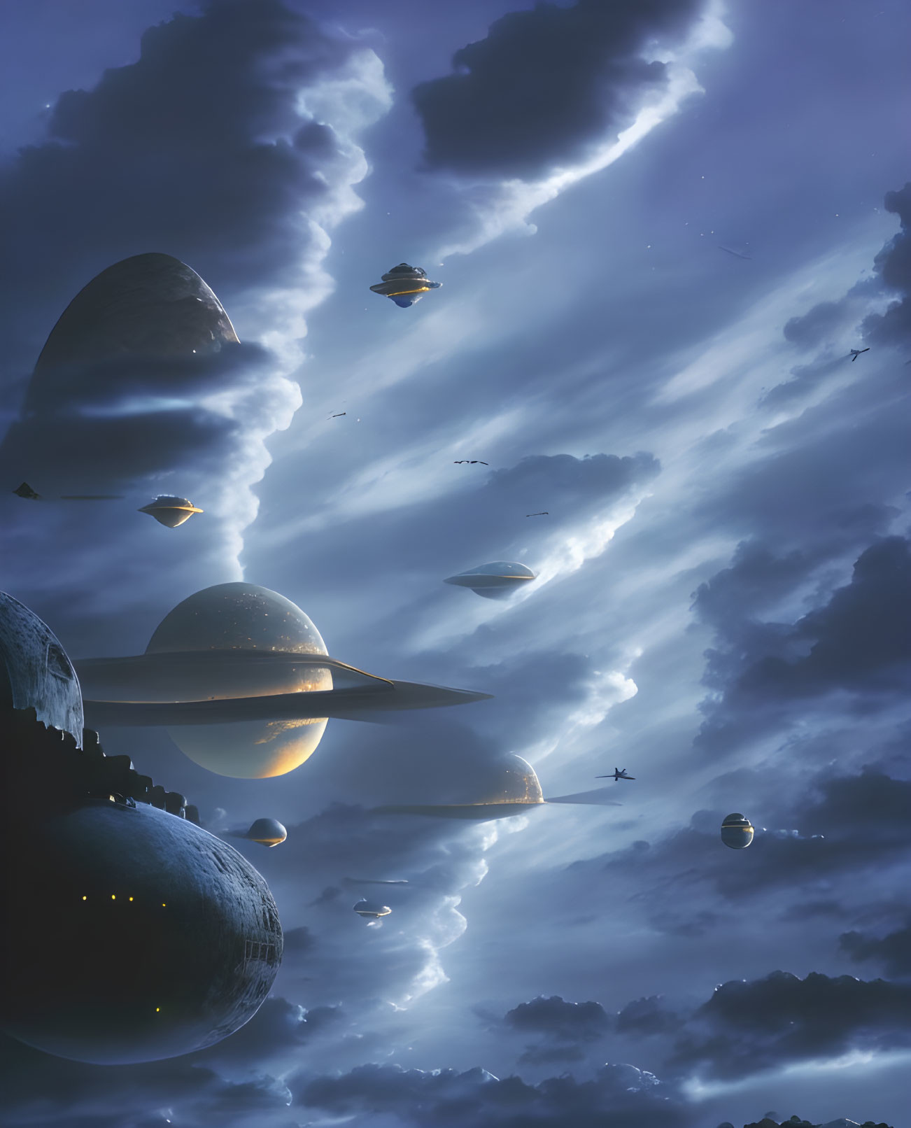 Sci-fi spacecrafts glide among celestial bodies and illuminated clouds