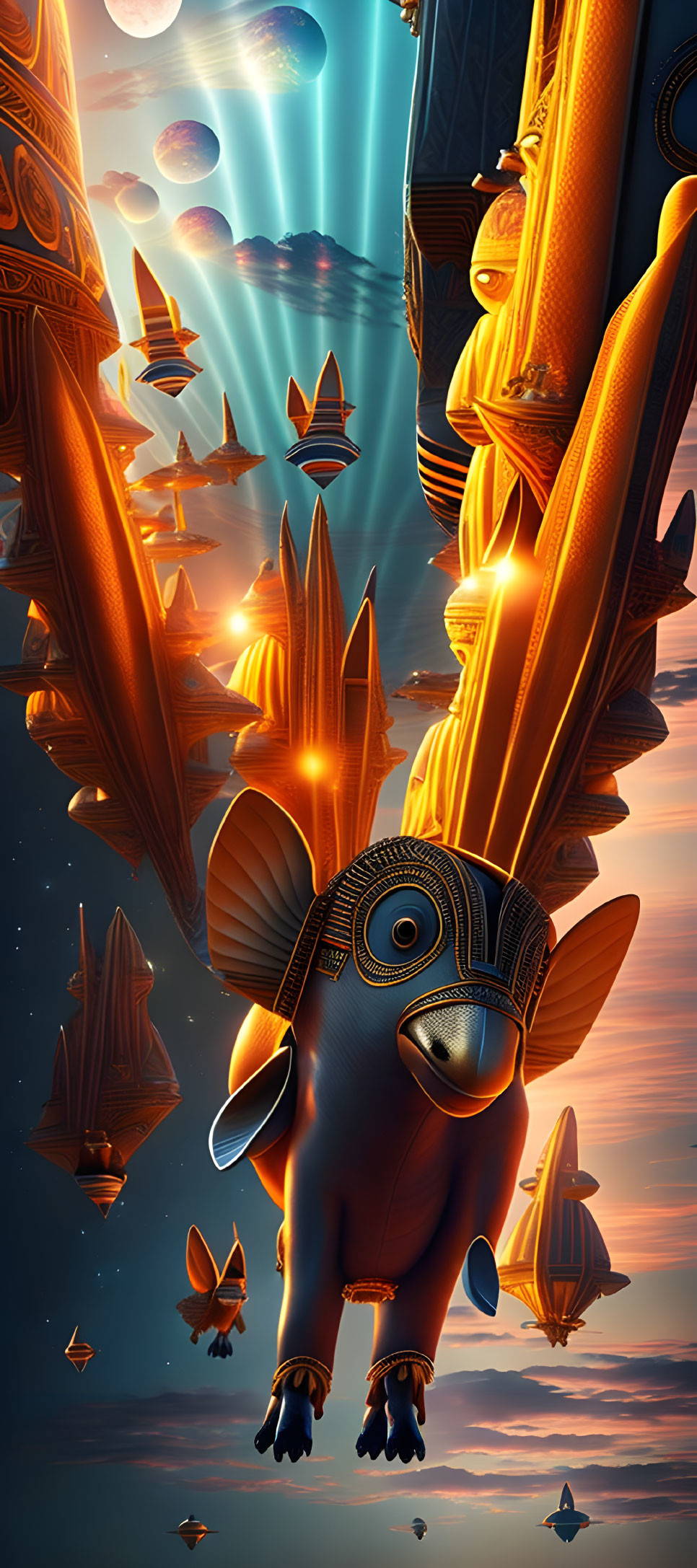 Golden Egyptian-themed cosmic ships soar through space with planets and beams of light.