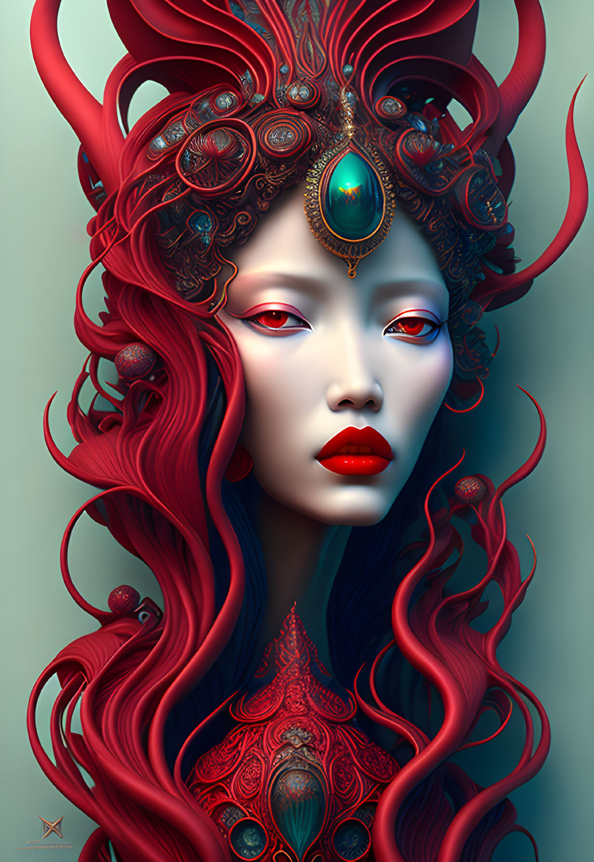 Digital artwork: Woman with red hair, horns, ornate headpiece, green gemstone, teal