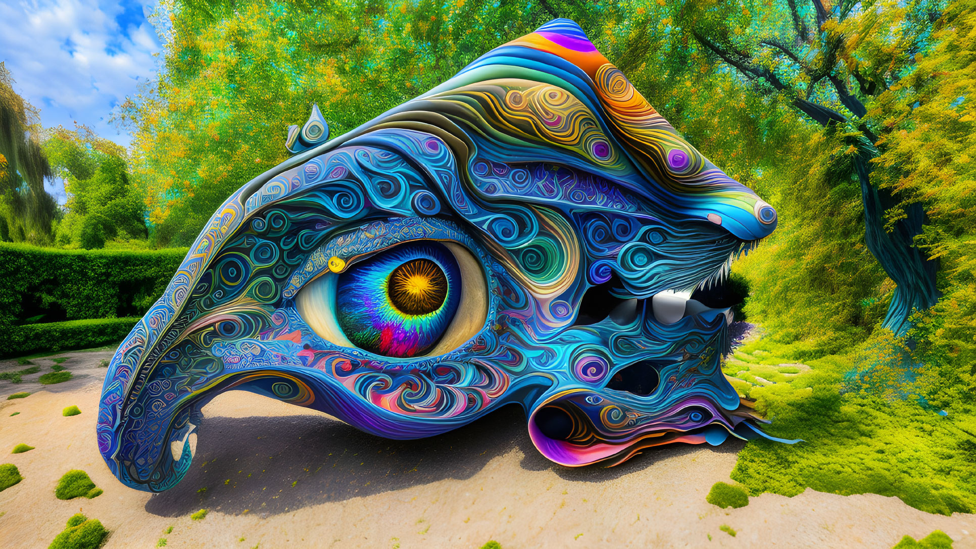 Colorful surreal eye illustration in whimsical garden setting