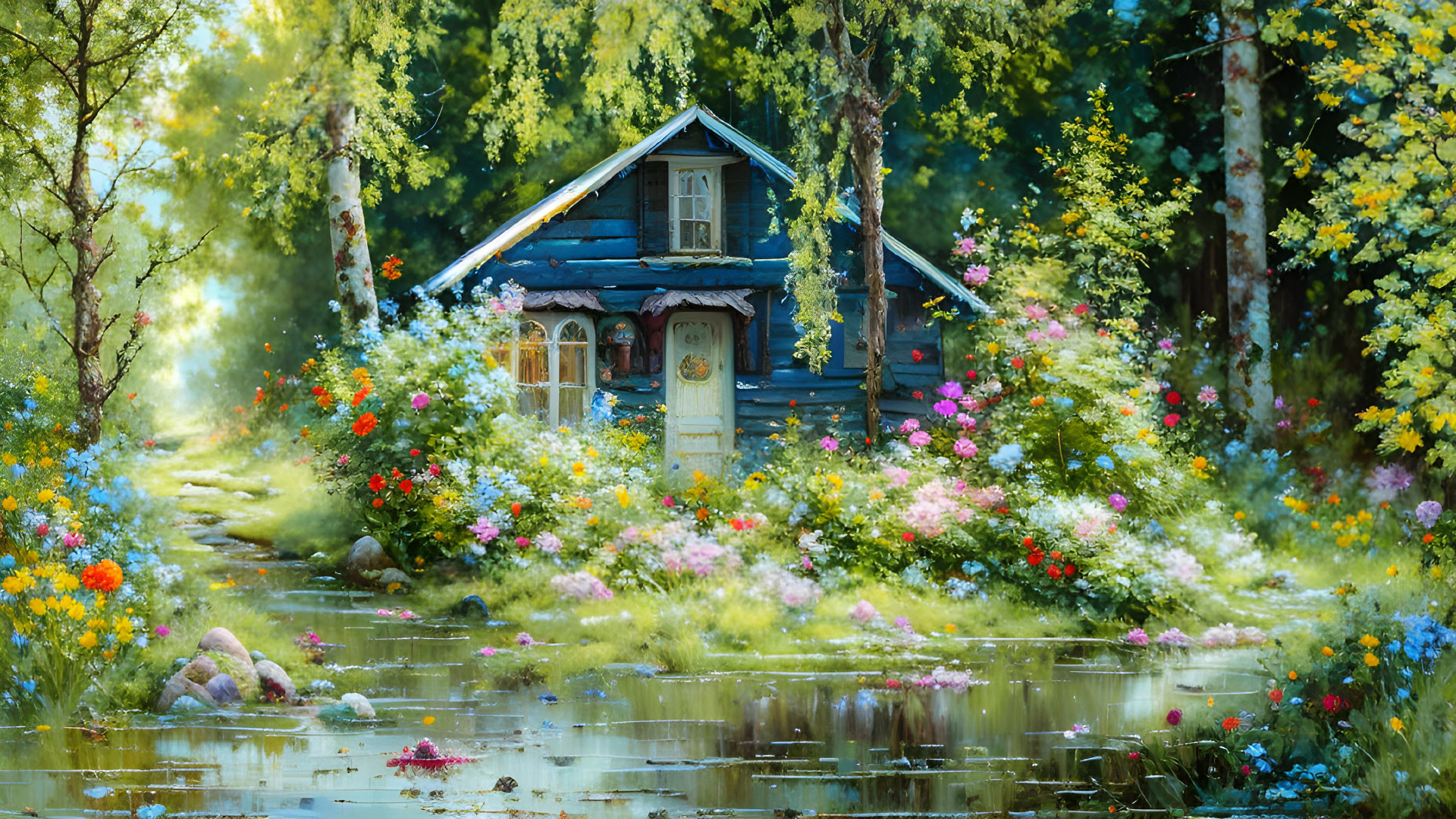 Blue Cottage Surrounded by Flowers and Pond in Wooded Area