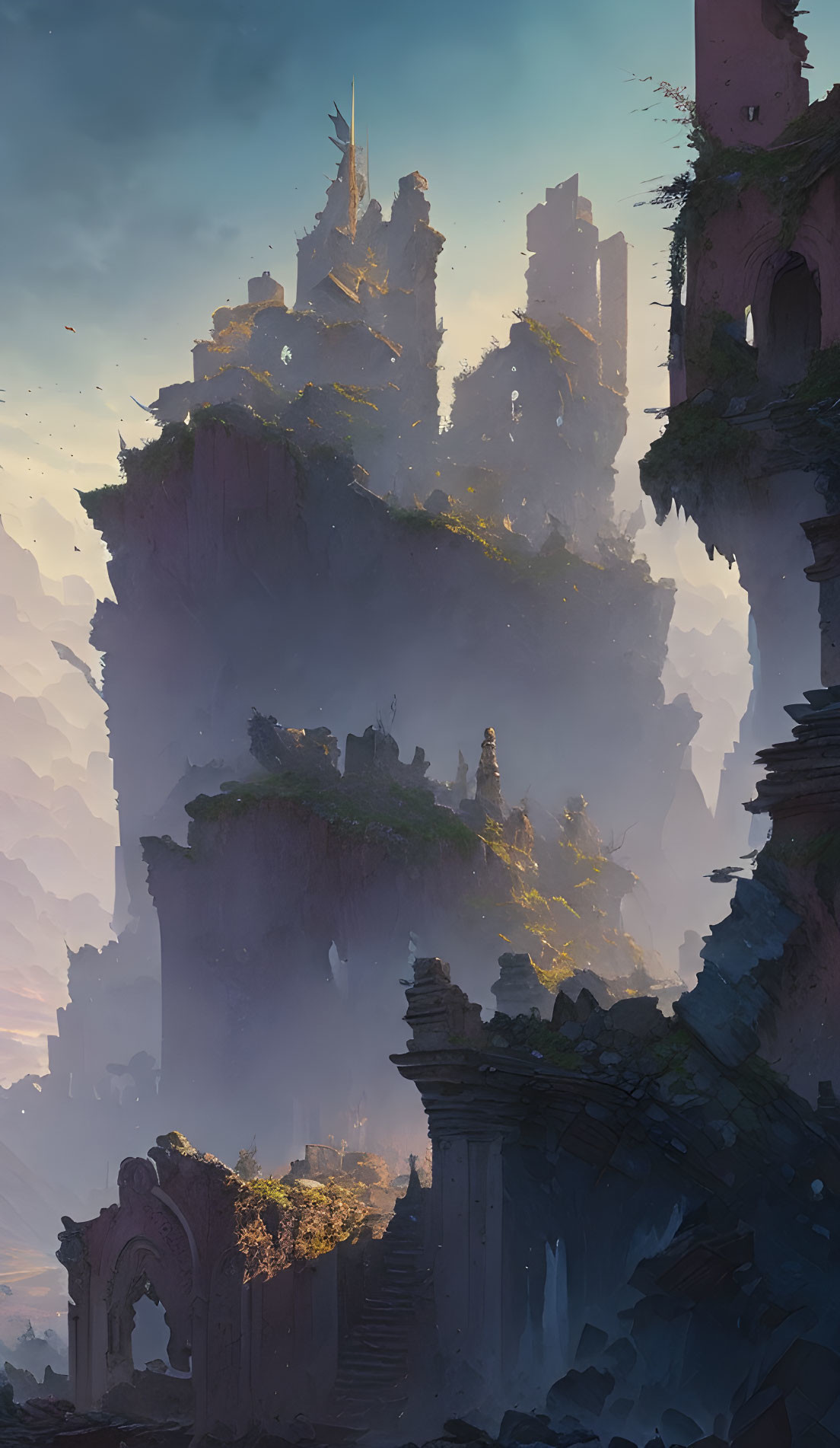 Majestic cliff city in clouds with ruins, lush greenery, and floating rocks