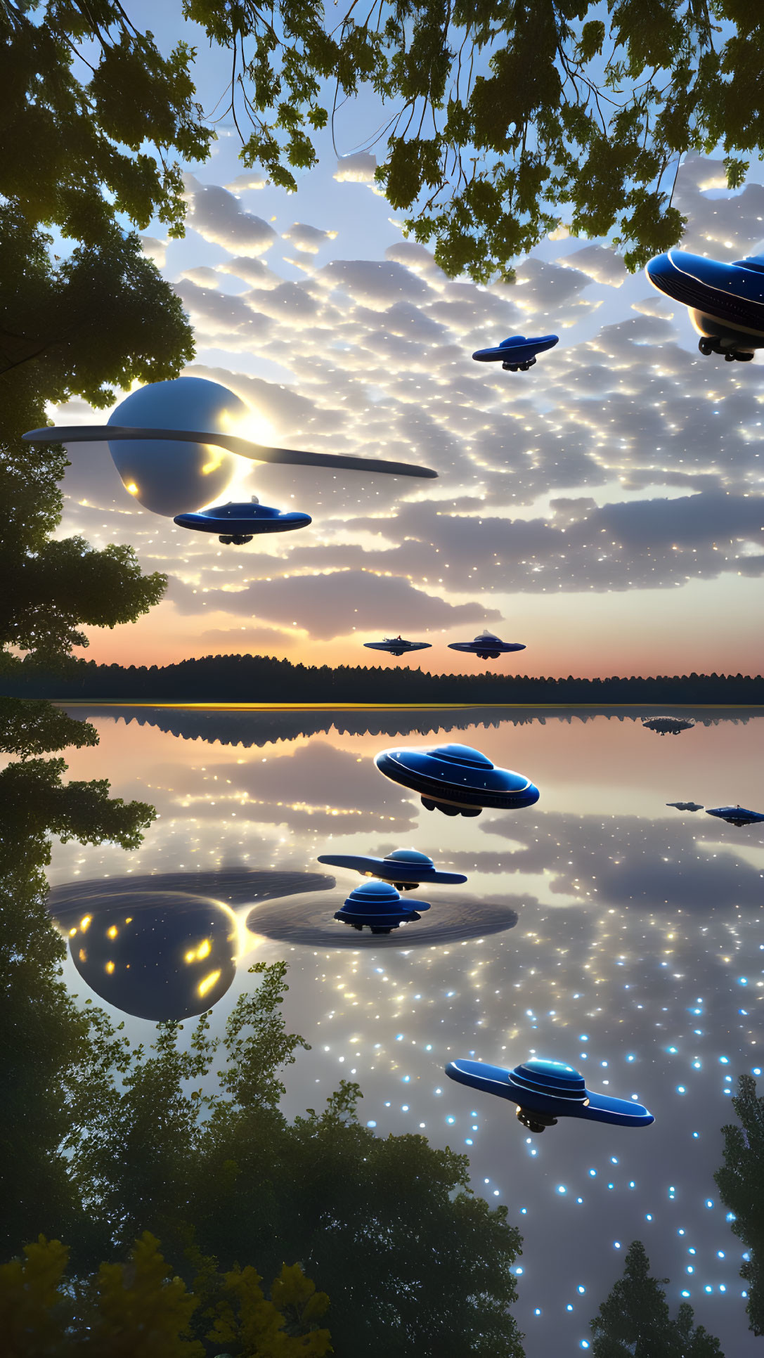 Futuristic flying vehicles over reflective lake at sunset