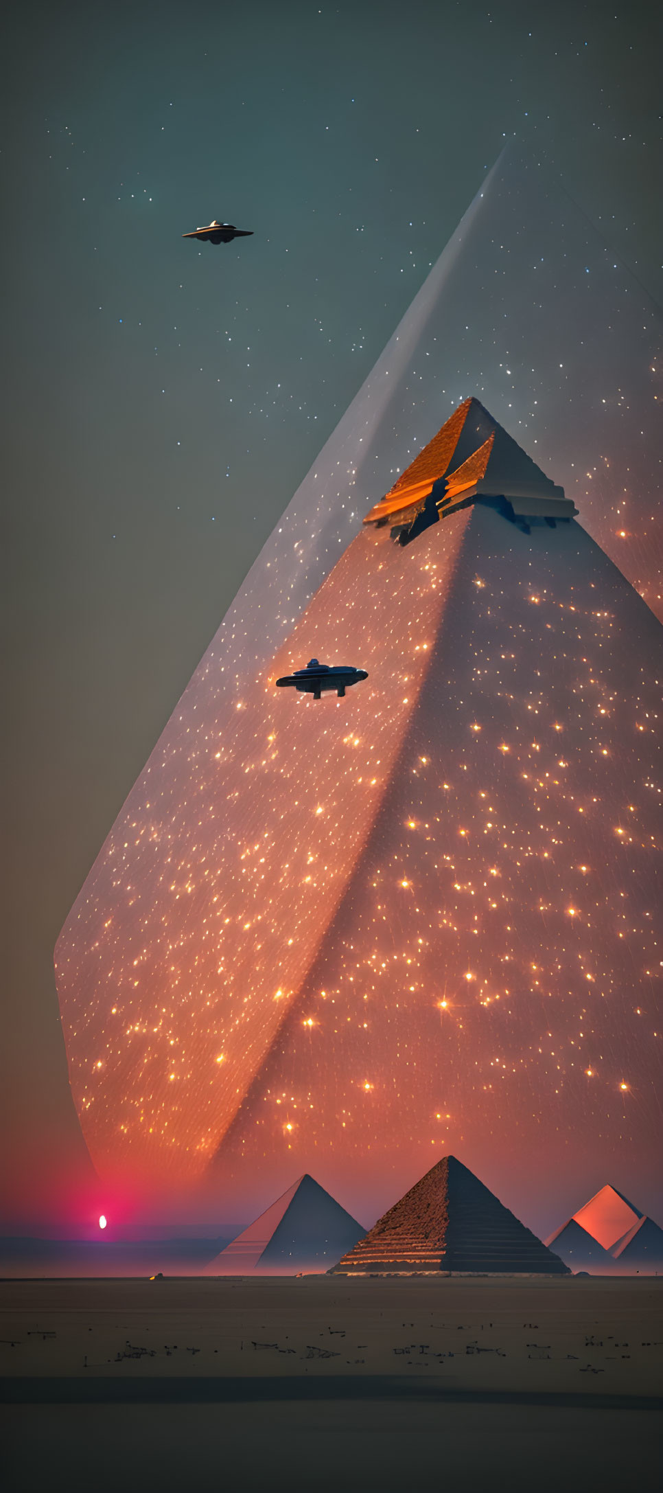 Sunset over pyramids meets cosmic starry scene with spaceships