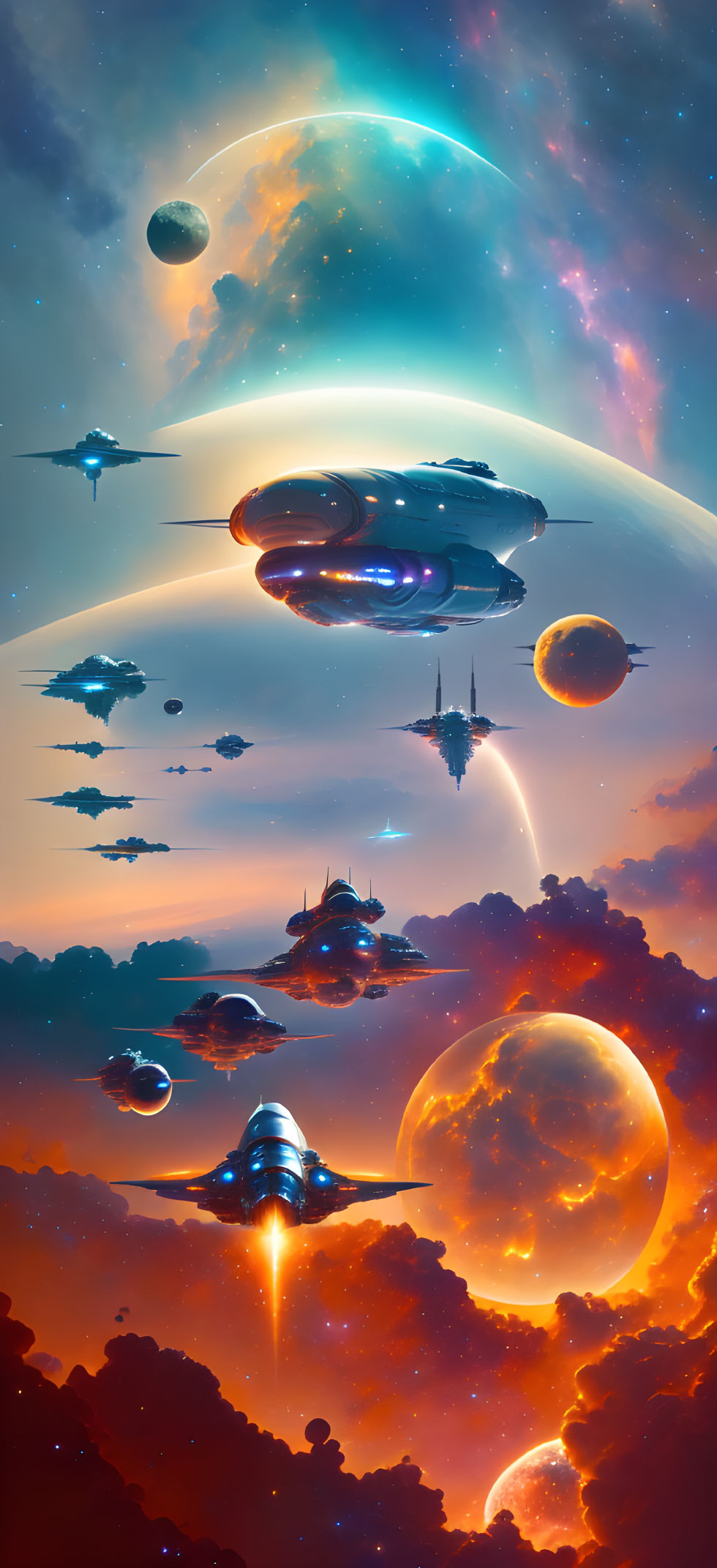 Futuristic spaceships in vibrant space scene