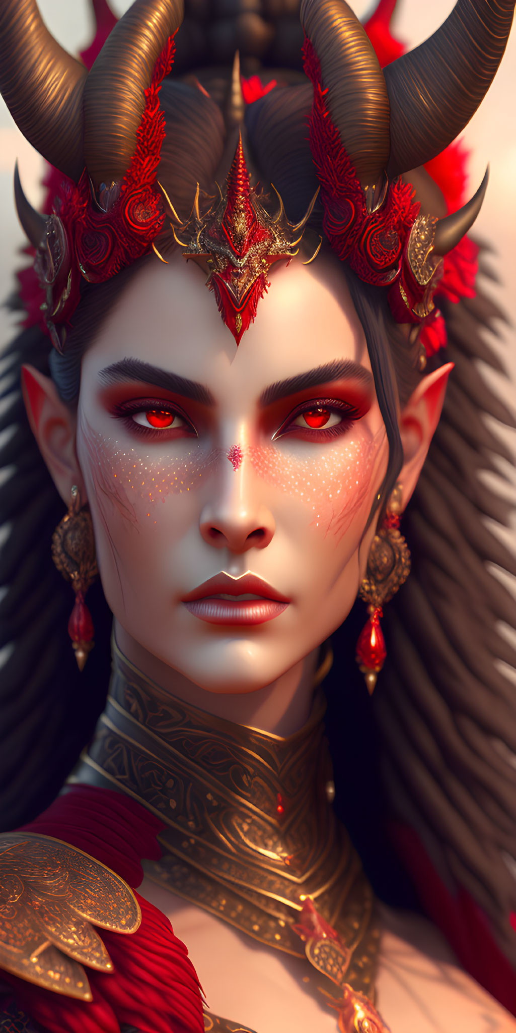 Fantasy portrait of female character with horns, red and gold crown, armor, and facial markings