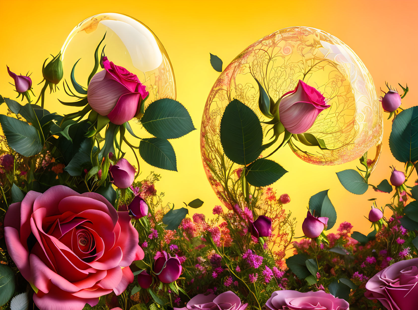 Colorful Floral Arrangement with Roses and Bubbles on Gradient Background