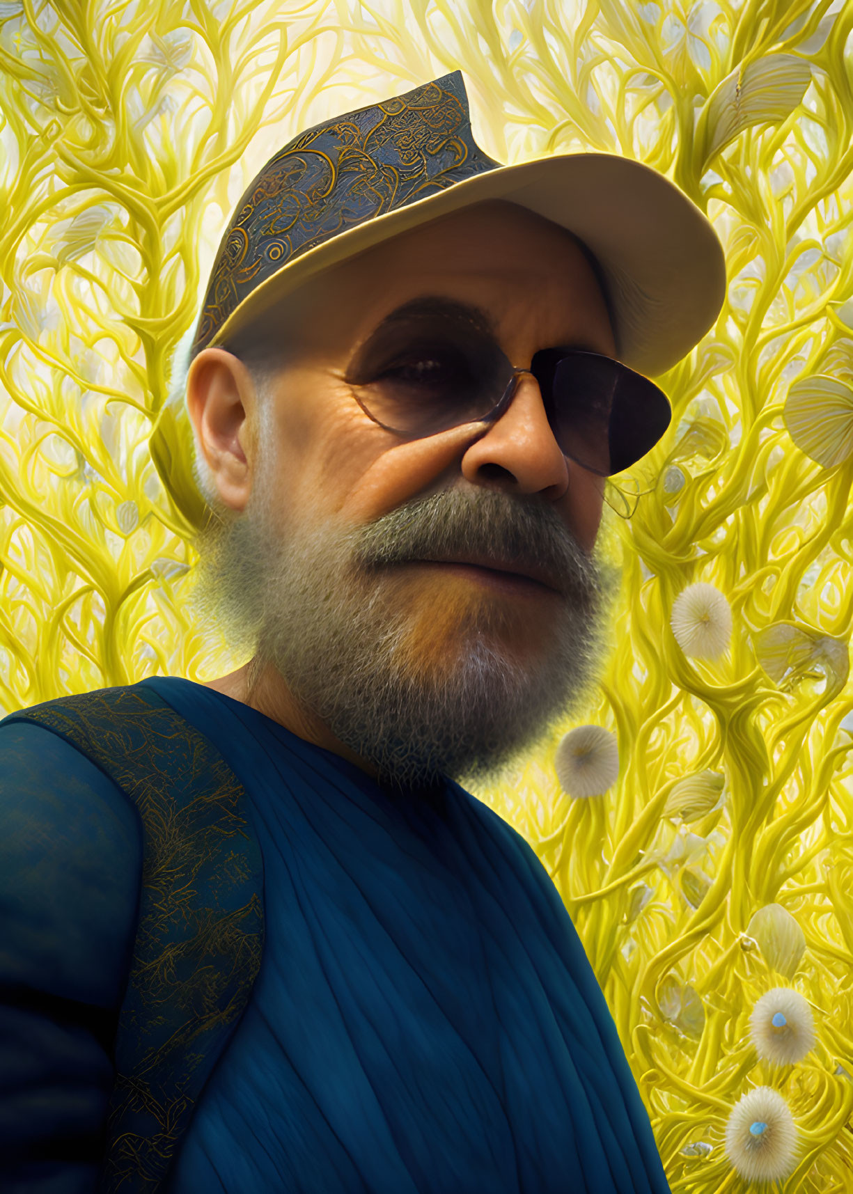 Bearded Man in Sunglasses and Cap on Yellow Floral Background