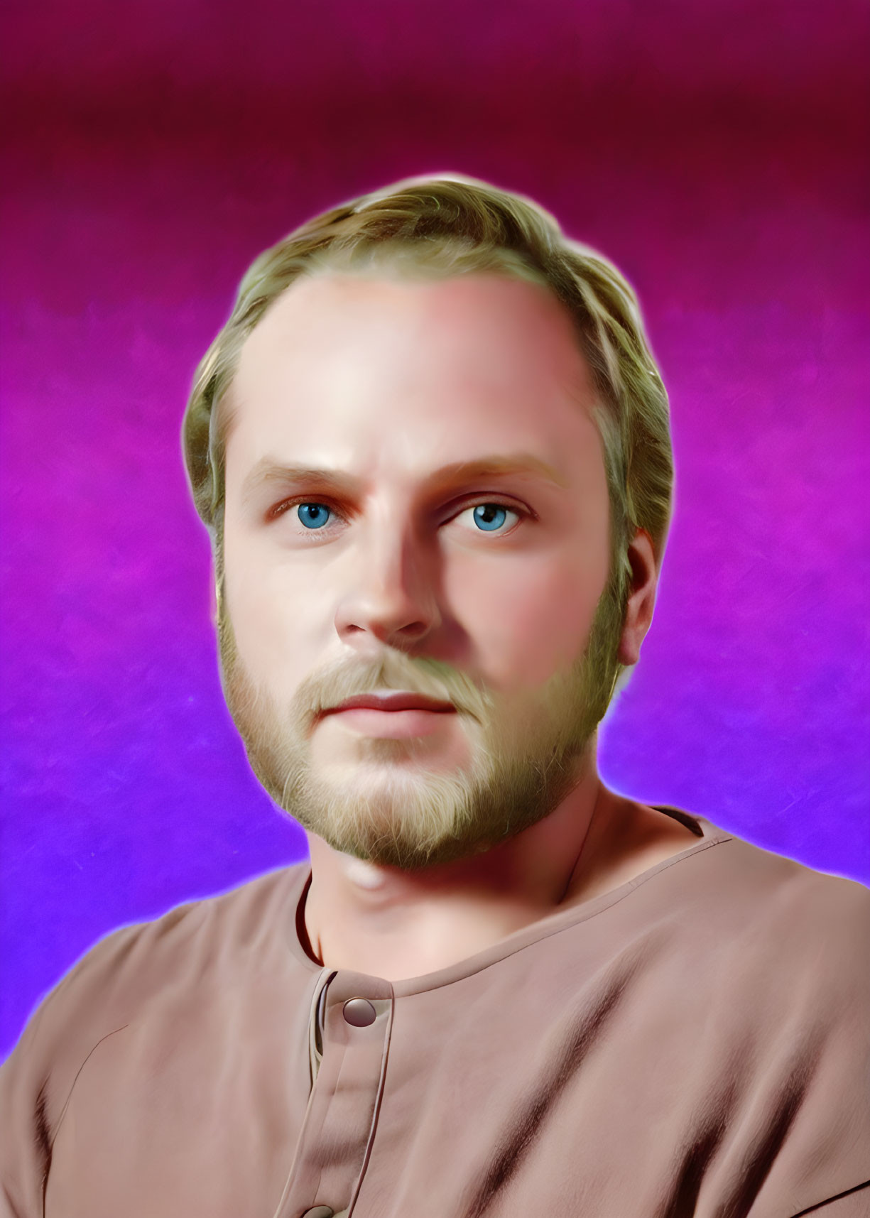 Man with Light Stubble, Blue Eyes, Blond Hair in Brown Shirt on Pink and Purple Background