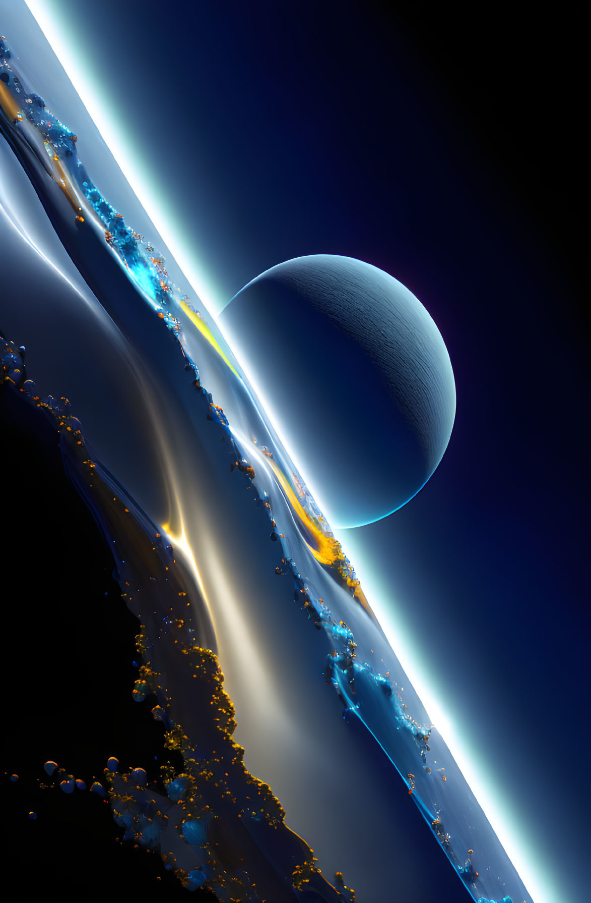 Celestial digital artwork: large planet rising over curved horizon.