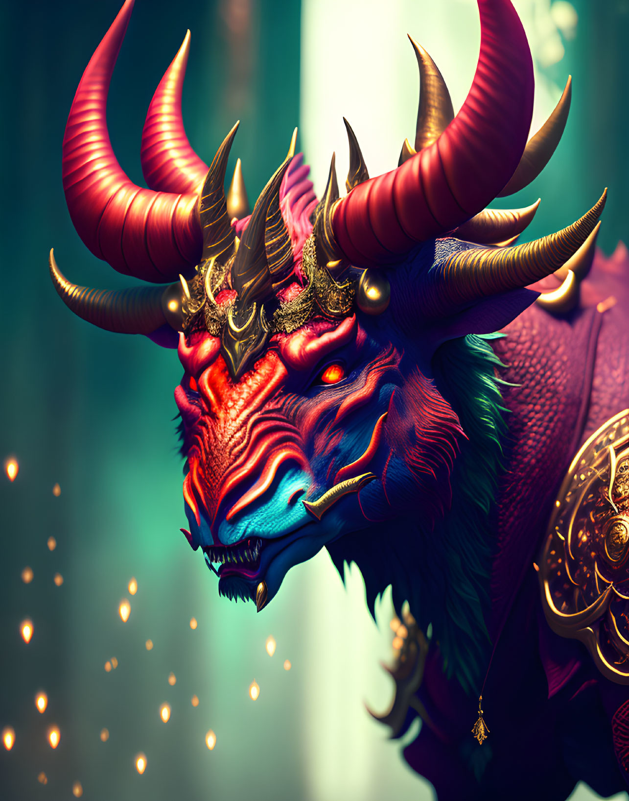 Colorful Dragon Head with Golden Adornments on Glowing Background