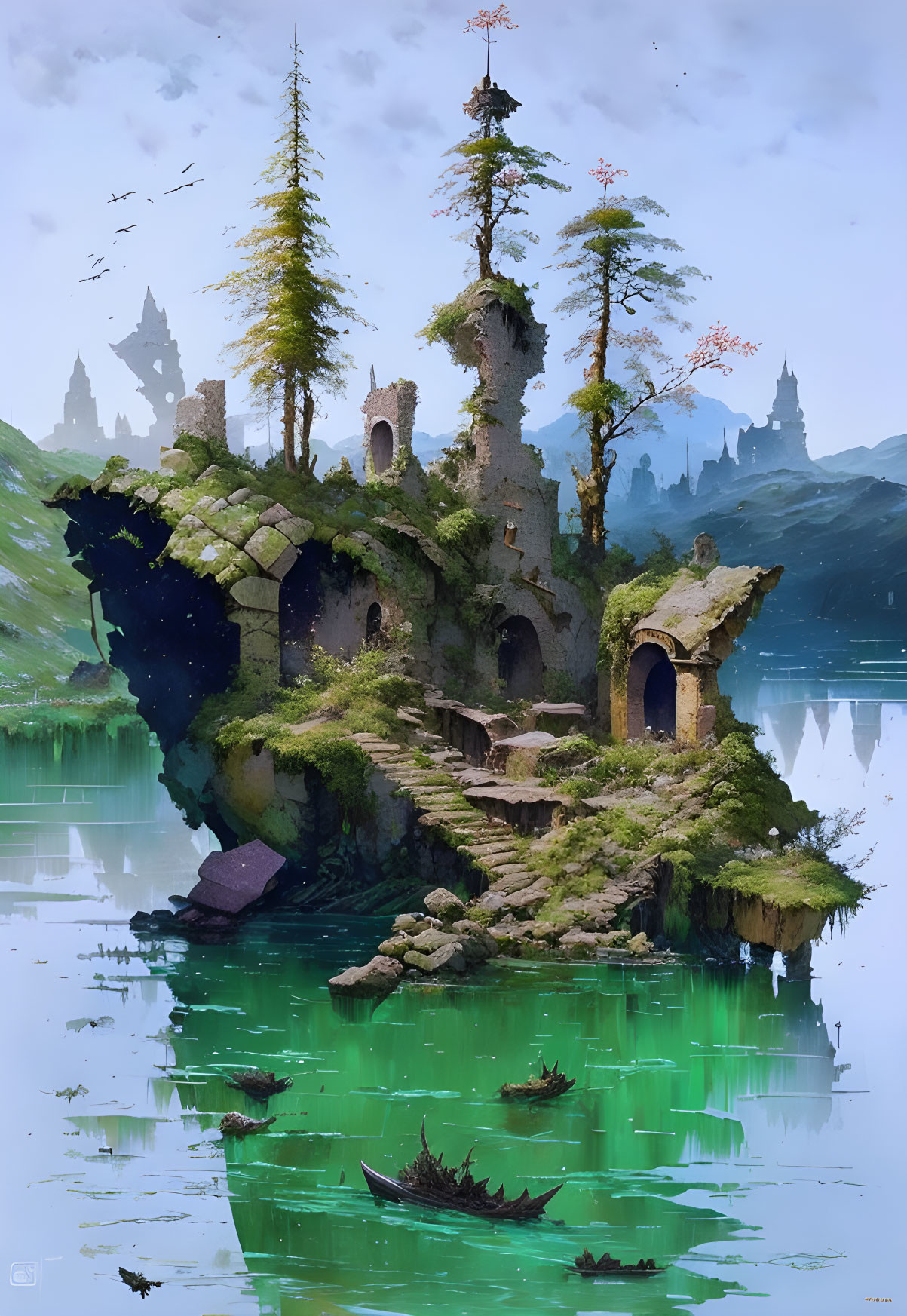 Fantasy landscape: ancient ruins, tall trees, castle by calm lake