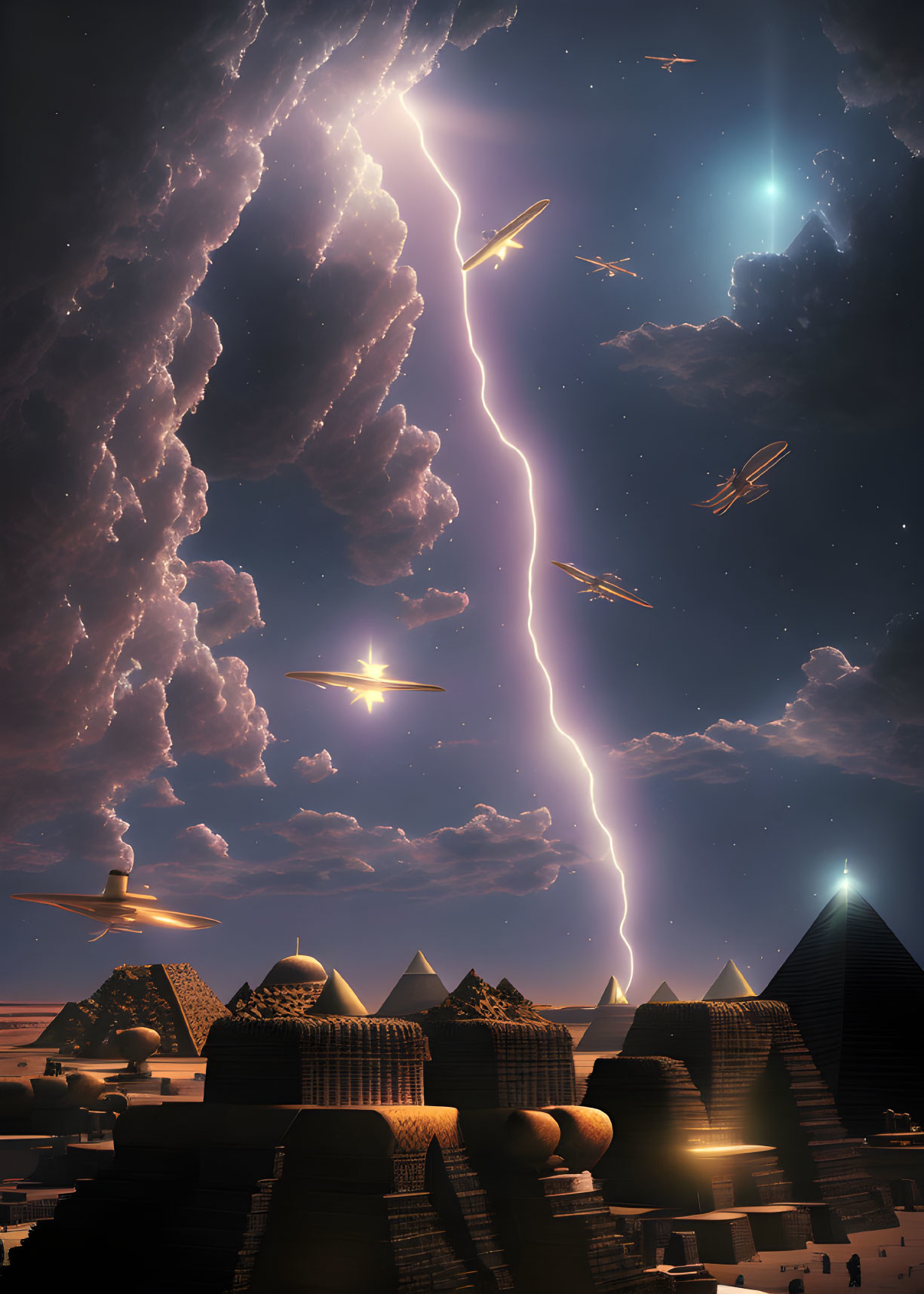 Surreal ancient Egyptian pyramids under starry sky with futuristic flying objects and lightning bolt