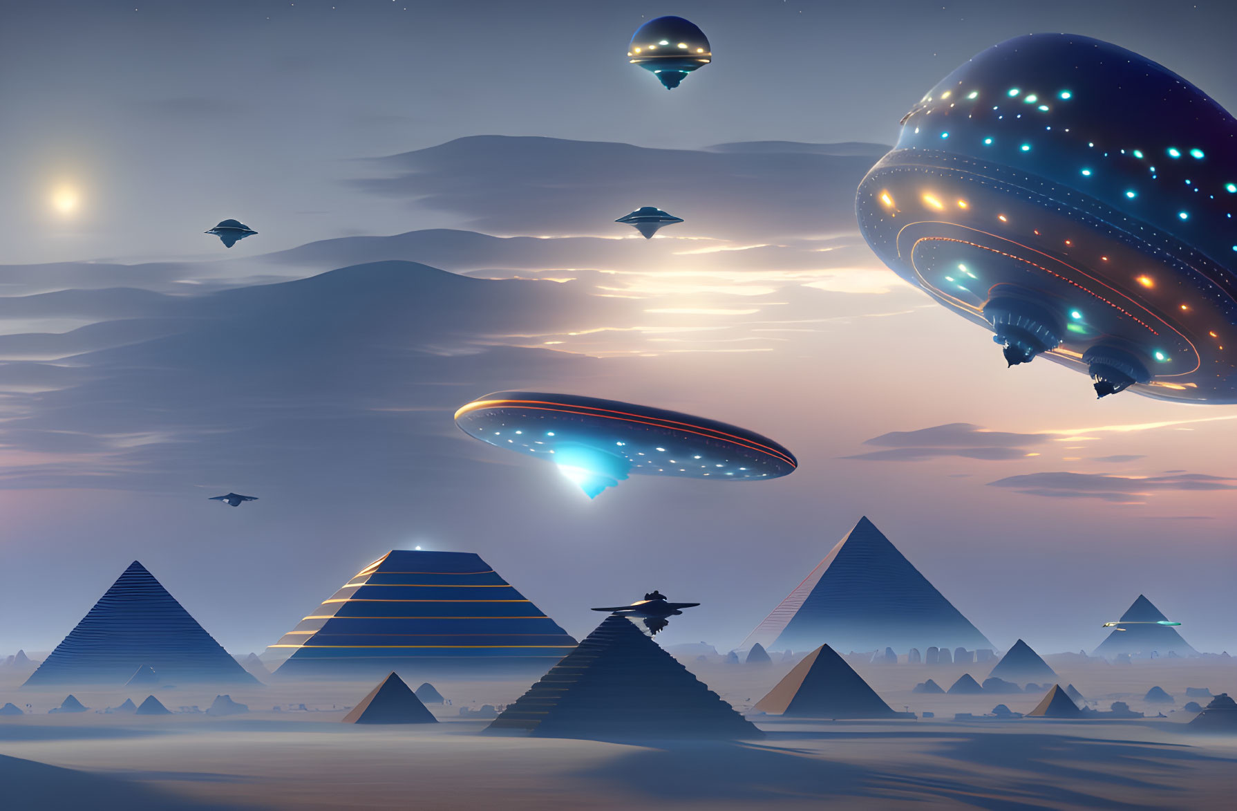 Futuristic UFOs hover over Egyptian pyramids at twilight