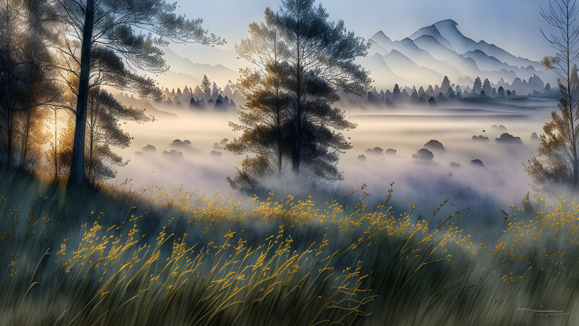 Golden Sunrise Light Illuminates Misty Landscape