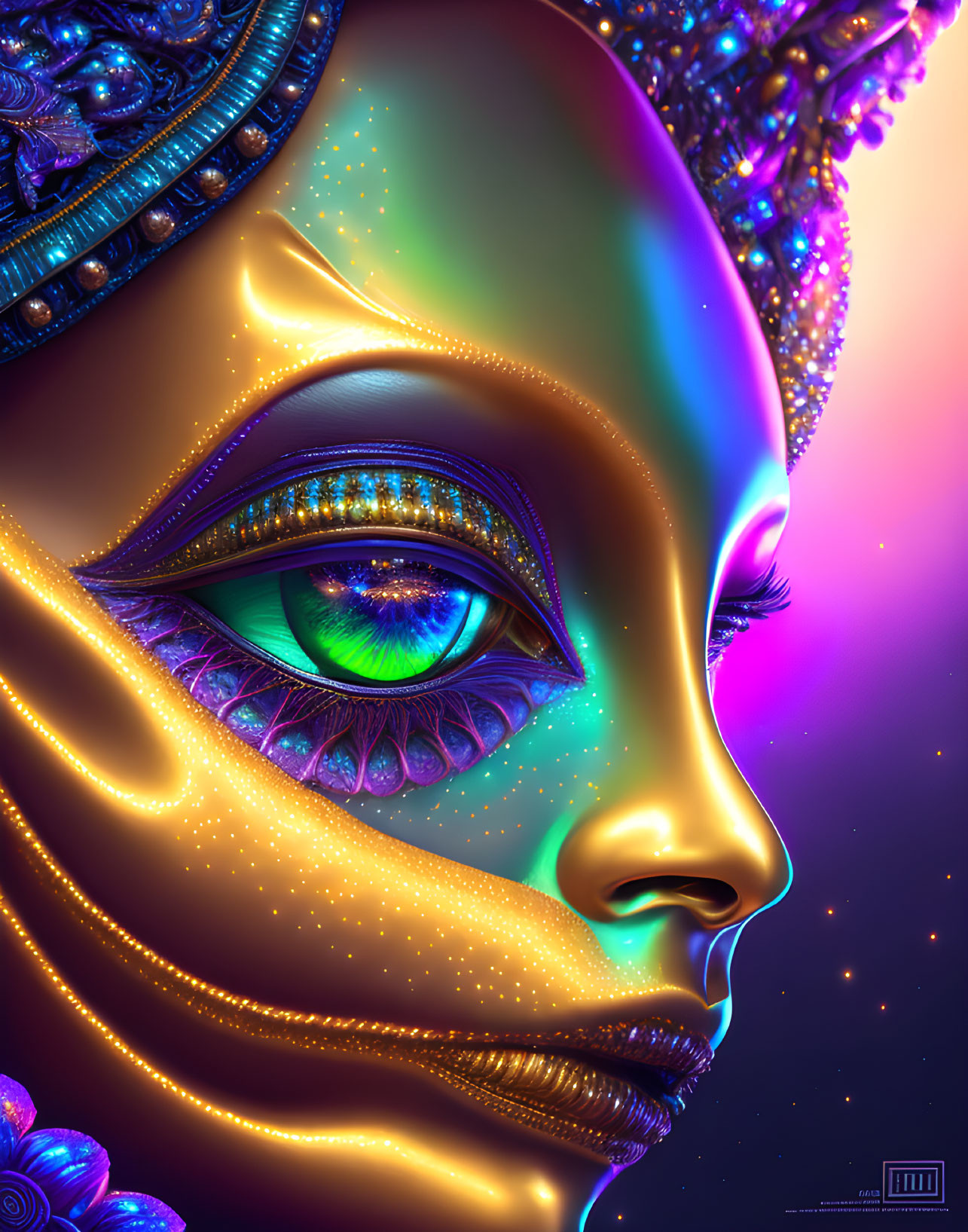 Colorful digital artwork: stylized female face with neon headdress & green eye