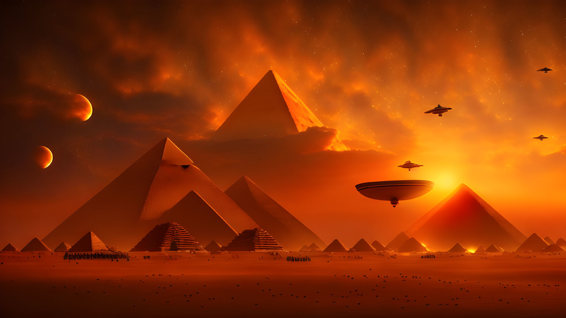 Sci-Fi pyramids under orange sky with planets, stars, and flying saucers in Egyptian desert