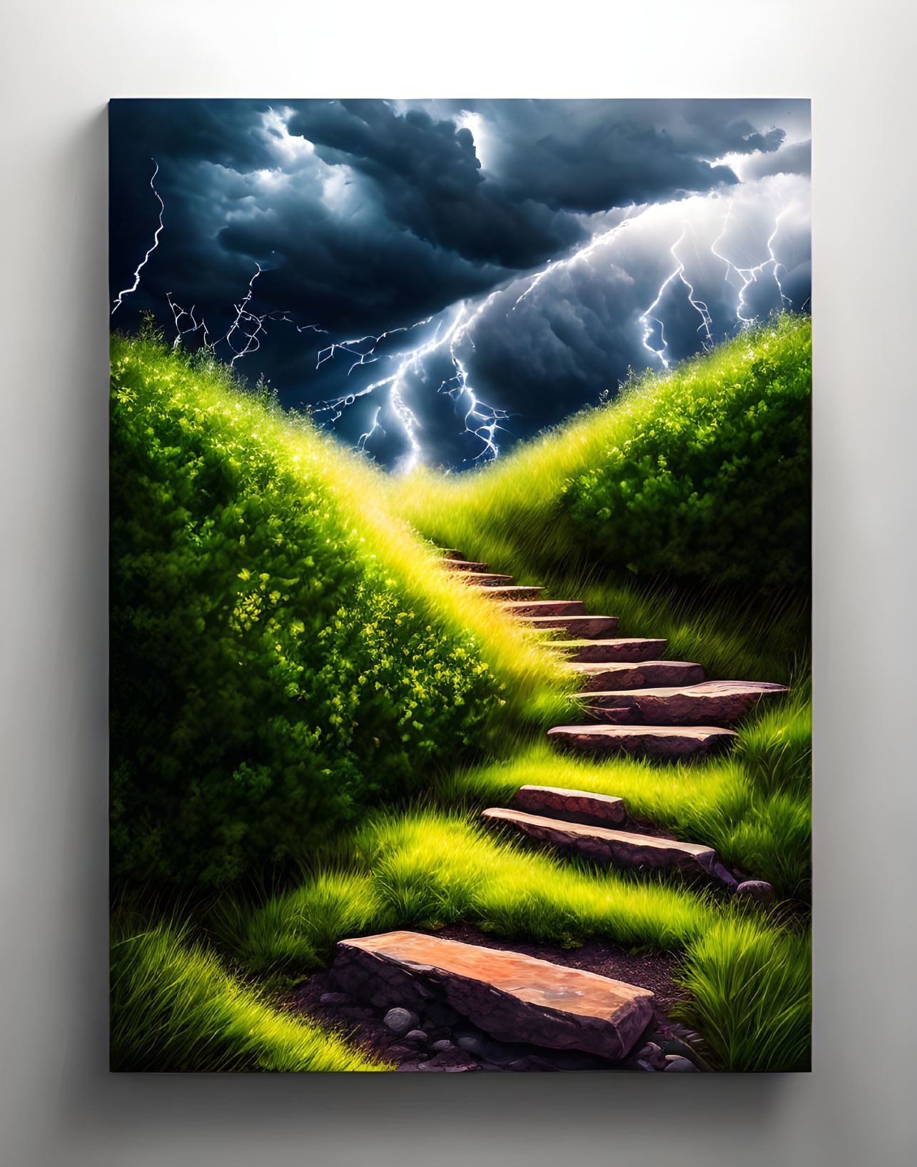 Stone steps wind through lush green hills under dramatic stormy sky with lightning strikes