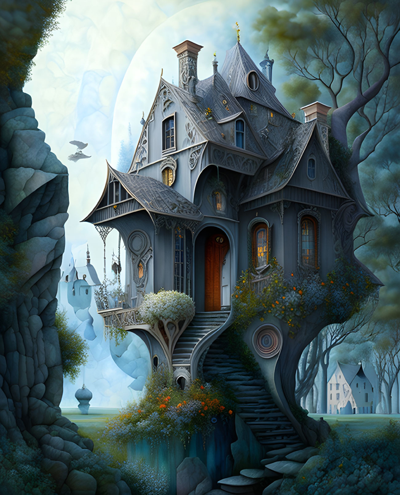 Whimsical treehouse illustration with glowing windows under full moon