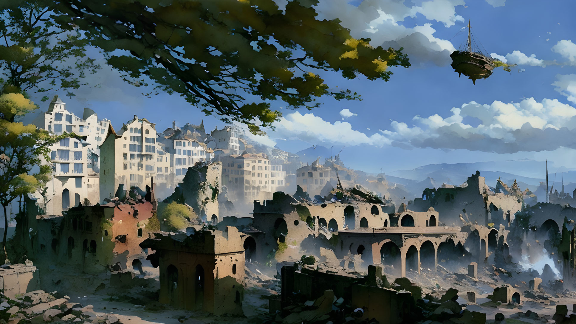 Fantasy cityscape with intact and ruined buildings, airship, and serene atmosphere under tree branches