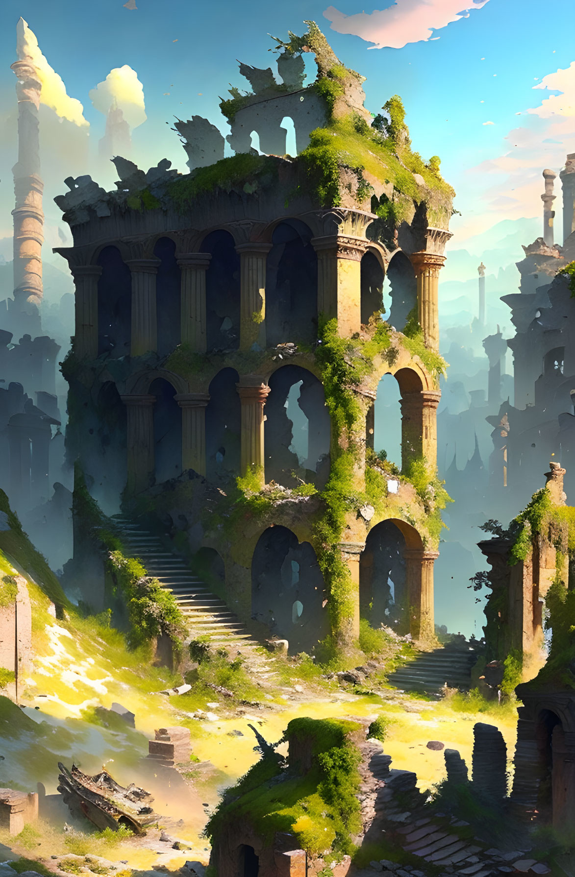 Ancient multi-tiered ruin surrounded by overgrown structures